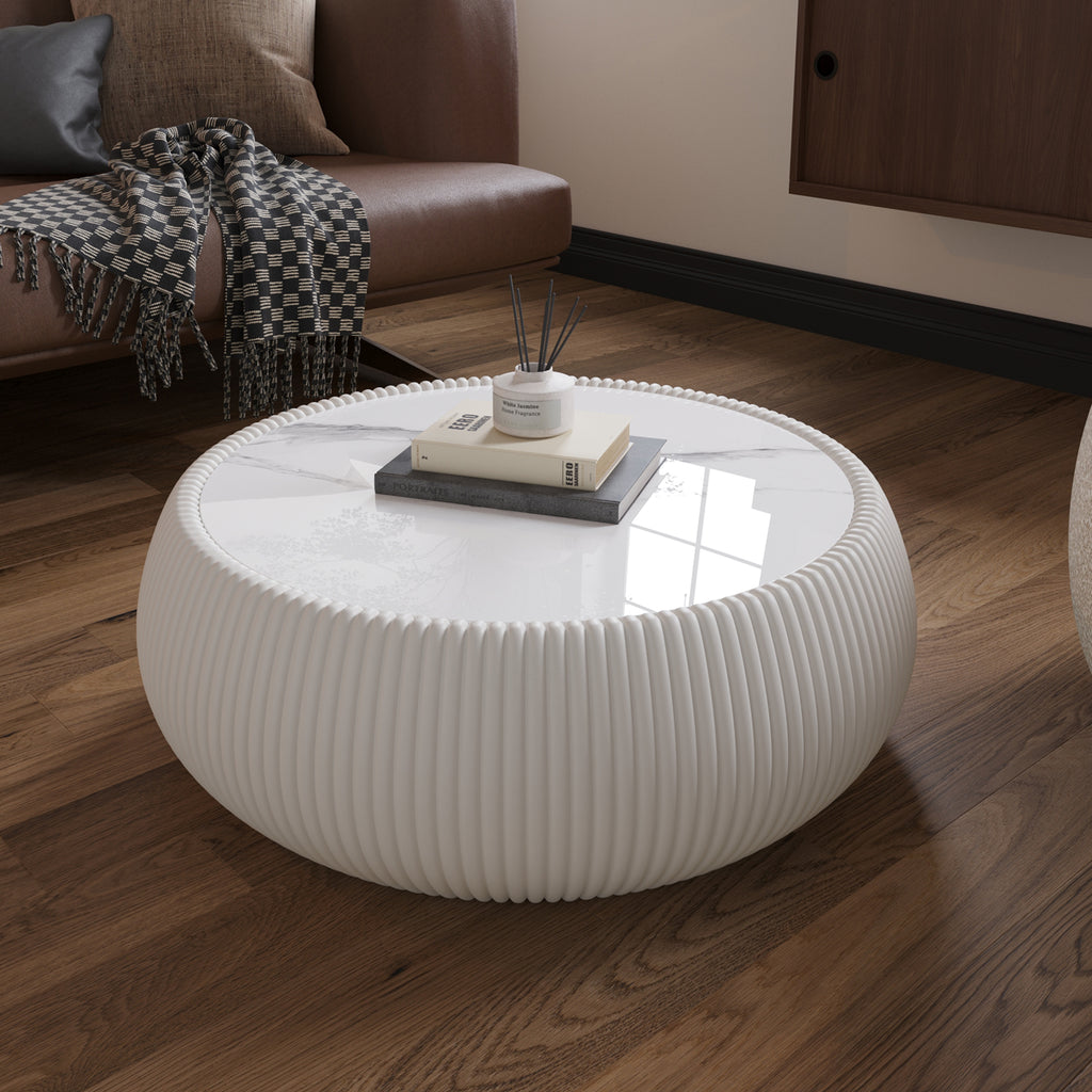 Light Sintered Stone Top Drum Shape Leather Coffee Modern Sofa Table For Living Room Furniture  Each Tabletop Has A Unique Grey Pattern