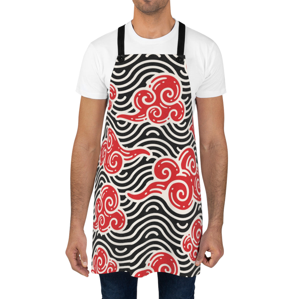 Red Swirl Cloud Pattern Apron — Japanese Wave Kitchen Apron Printify