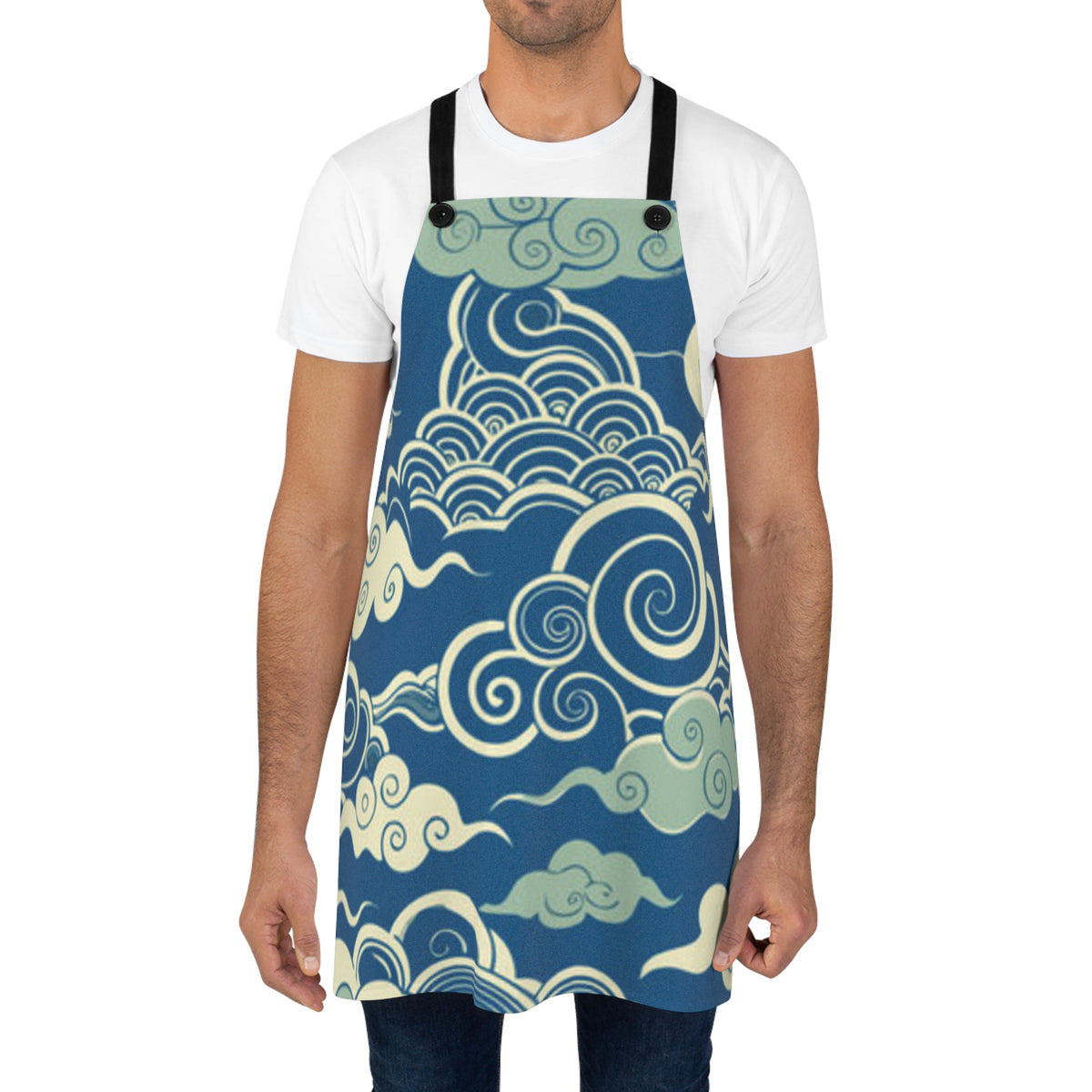 Blue Cloud Swirl Apron — Japanese Wave Pattern Kitchen Apron