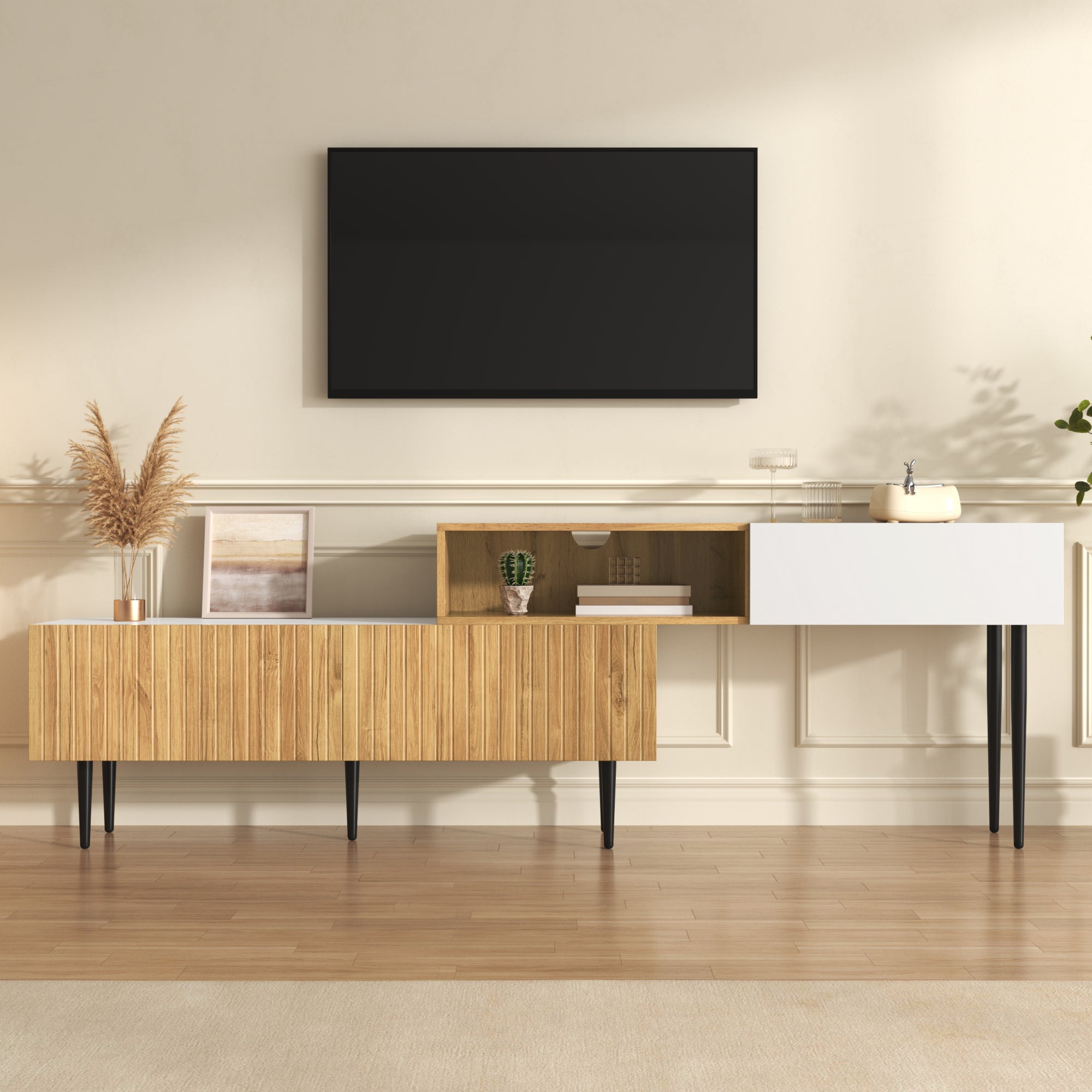 Modern TV Cabinet With Adjustable Length, Modular 2-Part Design, Wood Look  Matte White, Black Metal Legs, Multifunctional Living Room Furniture