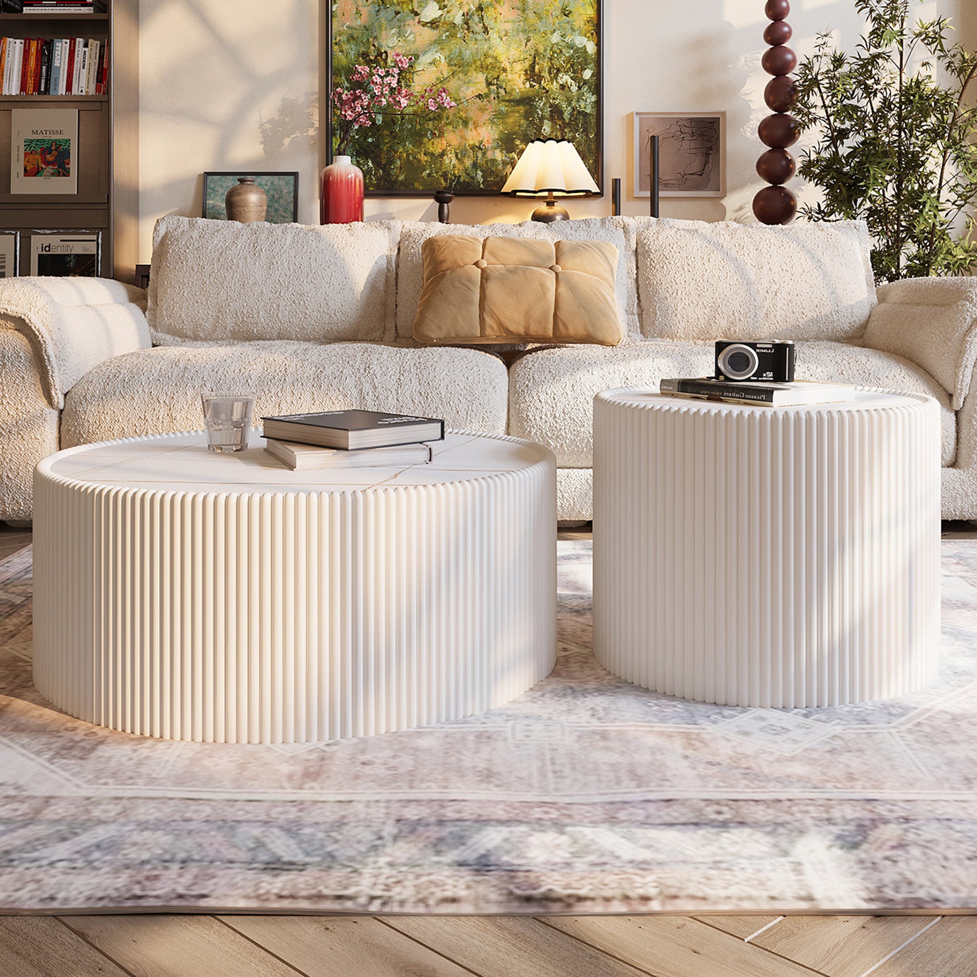 Light Sintered Stone Top Cylinder Shape Leather Coffee Modern Sofa Table For Living Room Furniture  Each Tabletop Has A Unique Gold Pattern