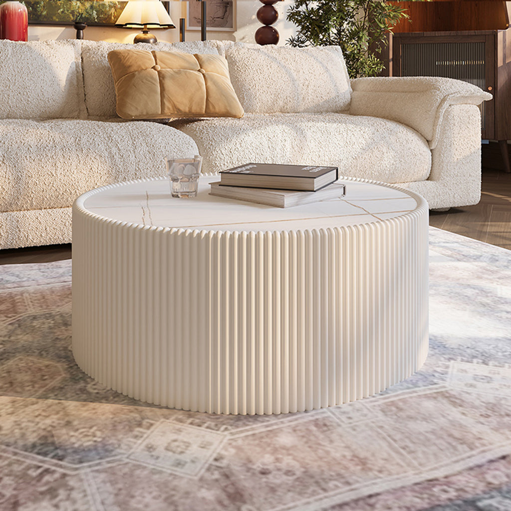Light Sintered Stone Top Cylinder Shape Leather Coffee Modern Sofa Table For Living Room Furniture  Each Tabletop Has A Unique Gold Pattern