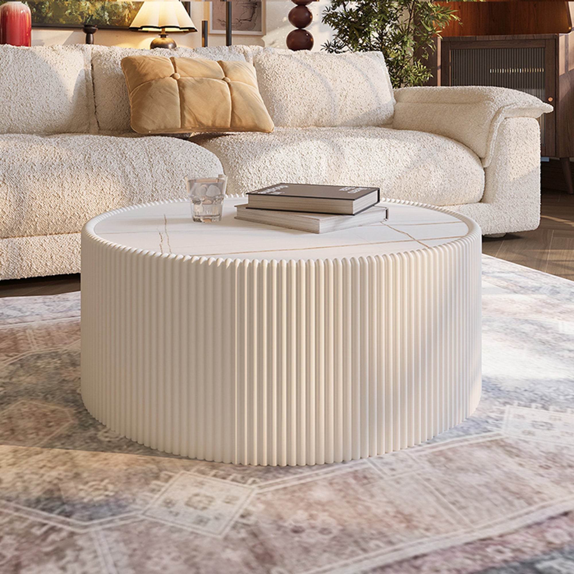 Light Sintered Stone Top Cylinder Shape Leather Coffee Modern Sofa Table For Living Room Furniture  Each Tabletop Has A Unique Gold Pattern