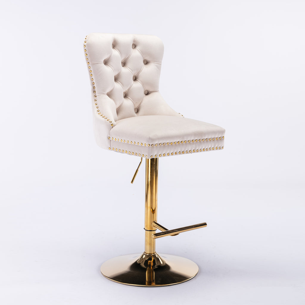 AA Furniture,Thick Golden Swivel Velvet Barstools Adjusatble Seat Height From 27-35 Inch, Modern Upholstered Bar Stools With Backs Comfortable Tufted For Home Pub And Kitchen Island Beige,Set Of 2