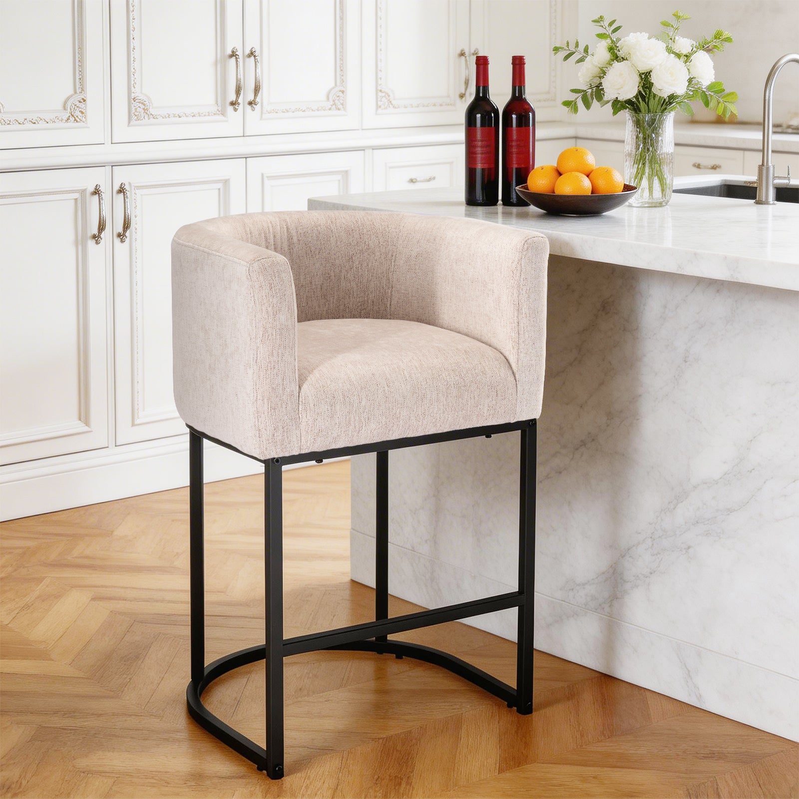 Bucket-shaped Bar Chairs, Medium-height Bar Chairs With Linen-covered Seats, Island Chairs, Bar Chairs With Metal Sliding Base And Footstools