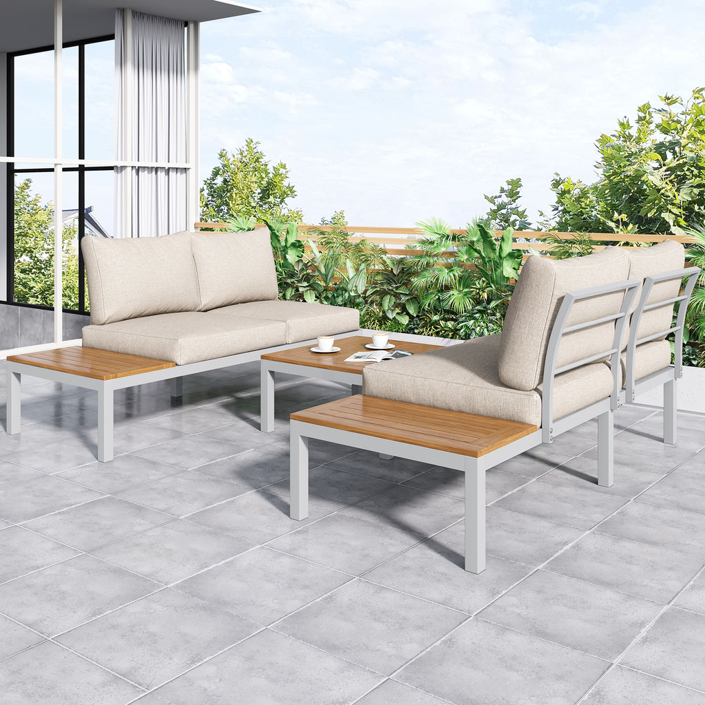Outdoor Patio&Backyard Furniture Garden Lounge Set For 4 People, Space Saving Thick Quality L-Shaped Corner Sofa With Wooden Table, Beige