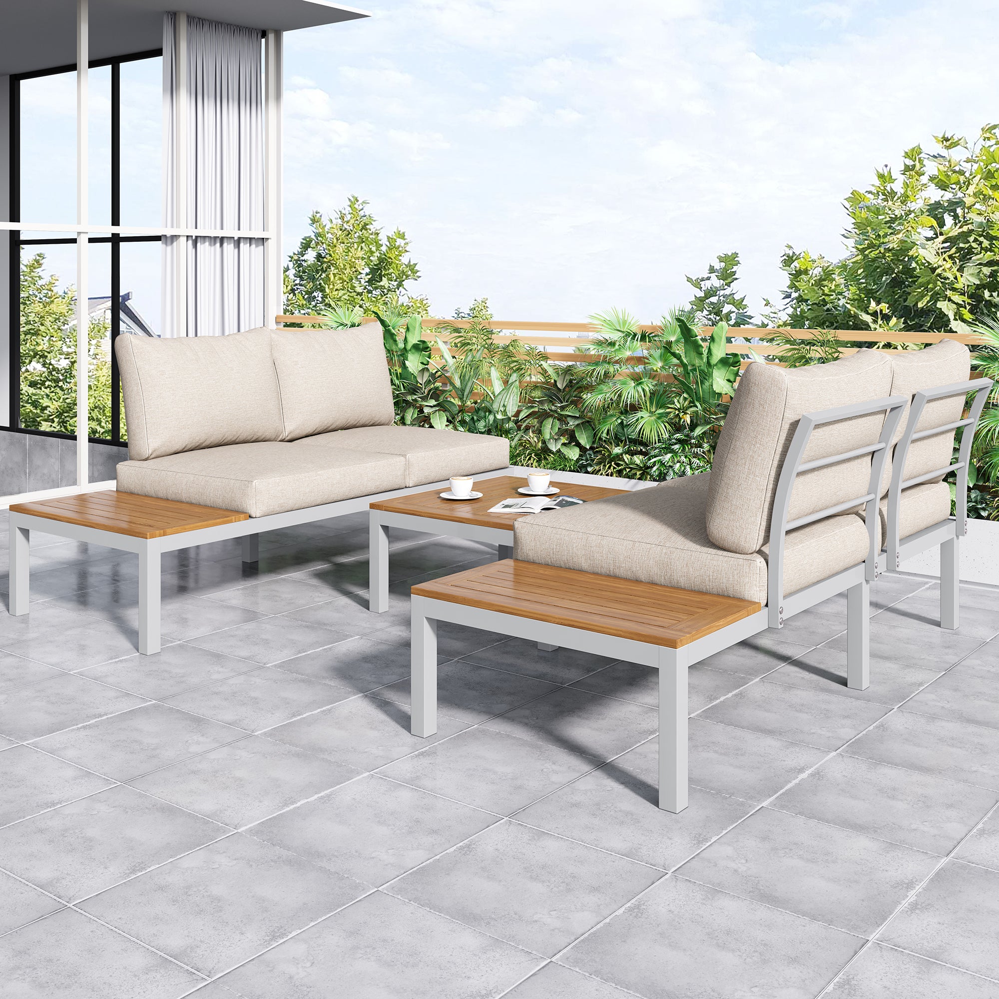 Outdoor Patio&Backyard Furniture Garden Lounge Set For 4 People, Space Saving Thick Quality L-Shaped Corner Sofa With Wooden Table, Beige