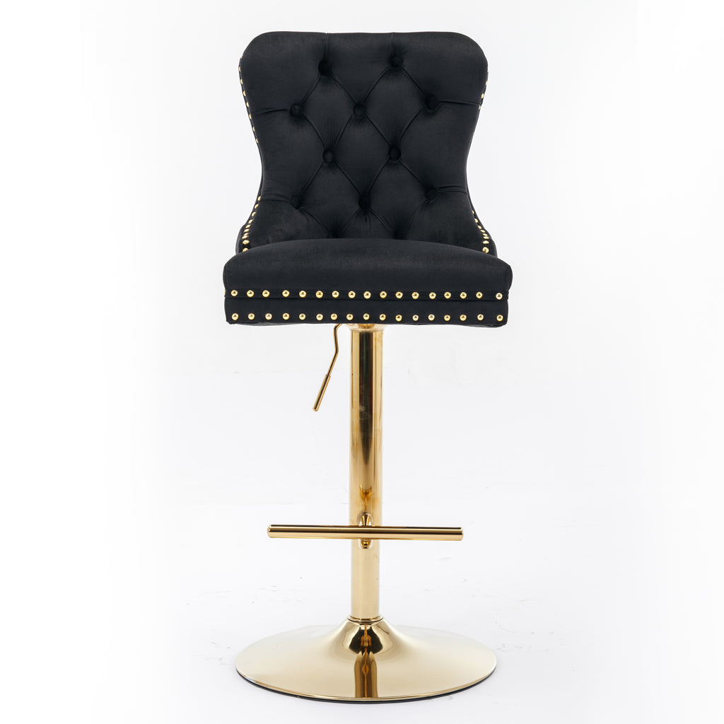 A&A Furniture,Thick Golden Swivel Velvet Barstools Adjusatble Seat Height From 27-35 Inch, Modern Upholstered Bar Stools With Backs Comfortable Tufted For Home Pub And Kitchen Island  Black,Set Of 2