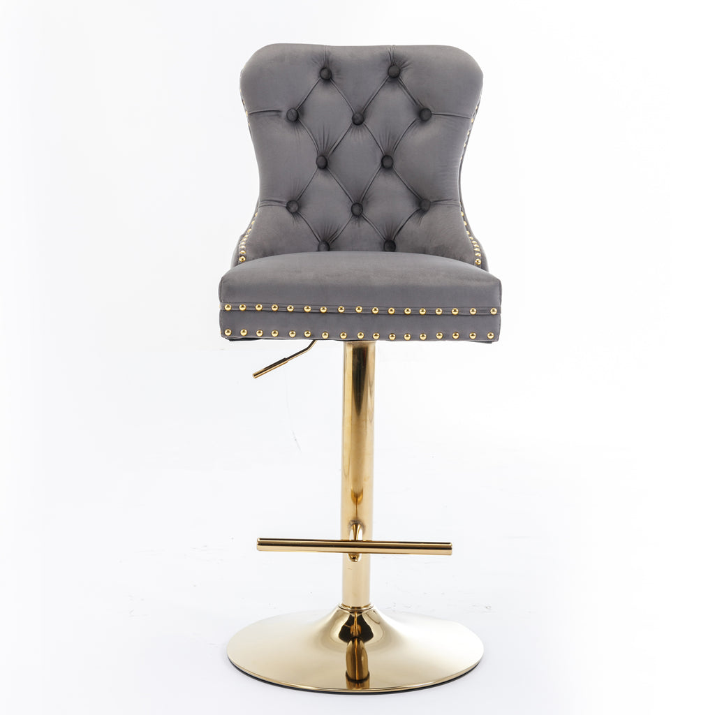 A&A Furniture,Thick Golden Swivel Velvet Barstools Adjusatble Seat Height From 25-33 Inch, Modern Upholstered Bar Stools With Backs Comfortable Tufted For Home Pub And Kitchen Island Gray,Set Of 2