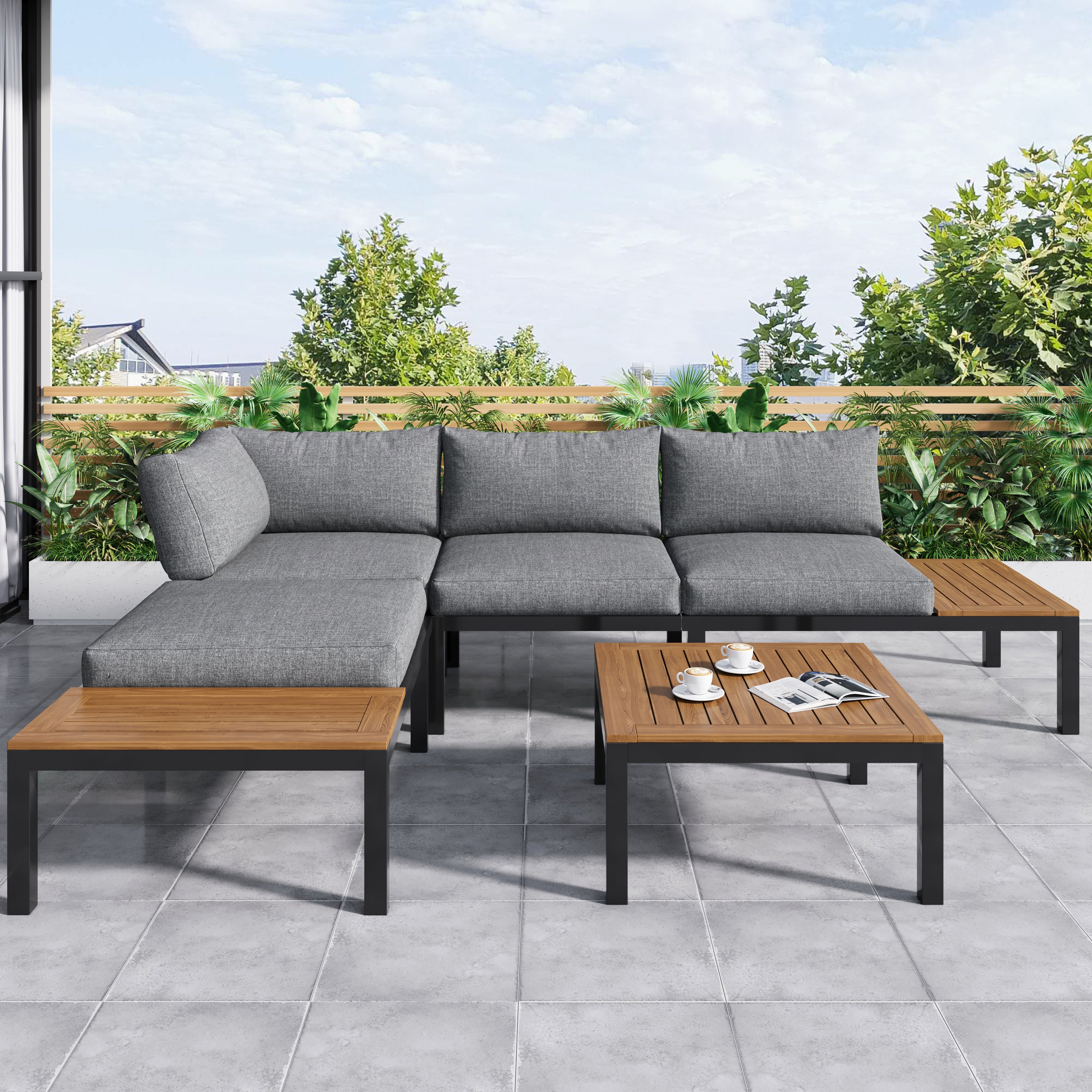 Outdoor Patio&Backyard Furniture Garden Lounge Set For 4 People, Space Saving Thick Quality L-Shaped Corner Sofa With Wooden Table, Grey