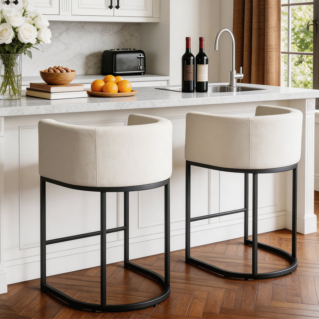 Bucket-shaped Bar Chairs, Medium-height Bar Chairs With Linen-covered Seats, Island Chairs, Bar Chairs With Metal Sliding Base And Footstools
