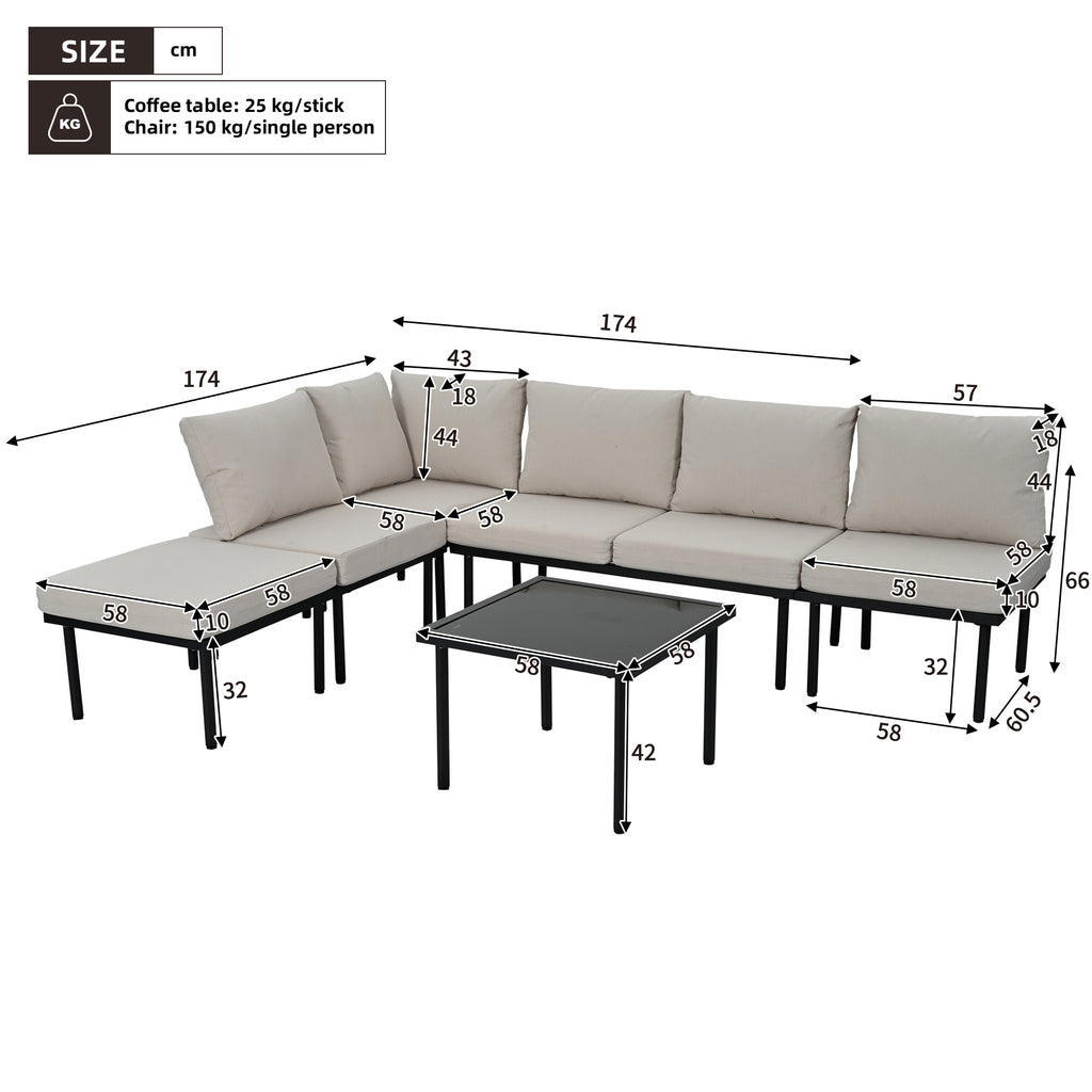 Garden Lounge Set With Galvanized Iron Frame, Set Of 6, Rope Garden Furniture Set, Grey Rope, Adjustable Feet, Smooth Glass Table Top, Including All Seat And Back Cushions, Beige