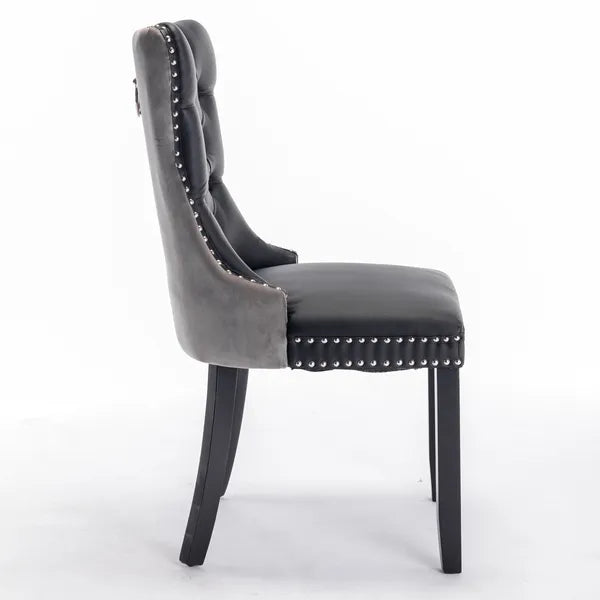 Furniture,Modern, High-end Tufted Solid Wood Contemporary PU And Velvet Upholstered Dining Chair With Wood Legs Nailhead Trim 2-Pcs Set, Black&Gray, SW2101BG