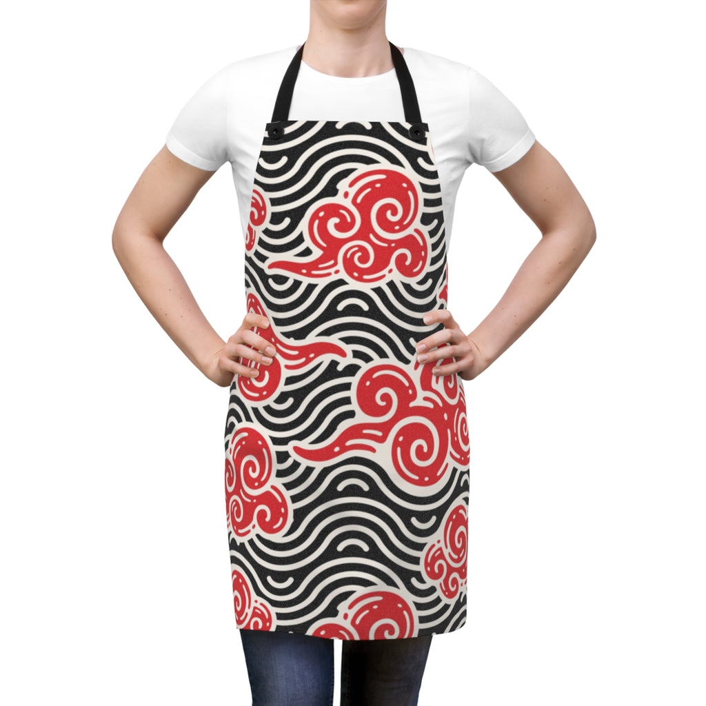 Red Swirl Cloud Pattern Apron — Japanese Wave Kitchen Apron Printify
