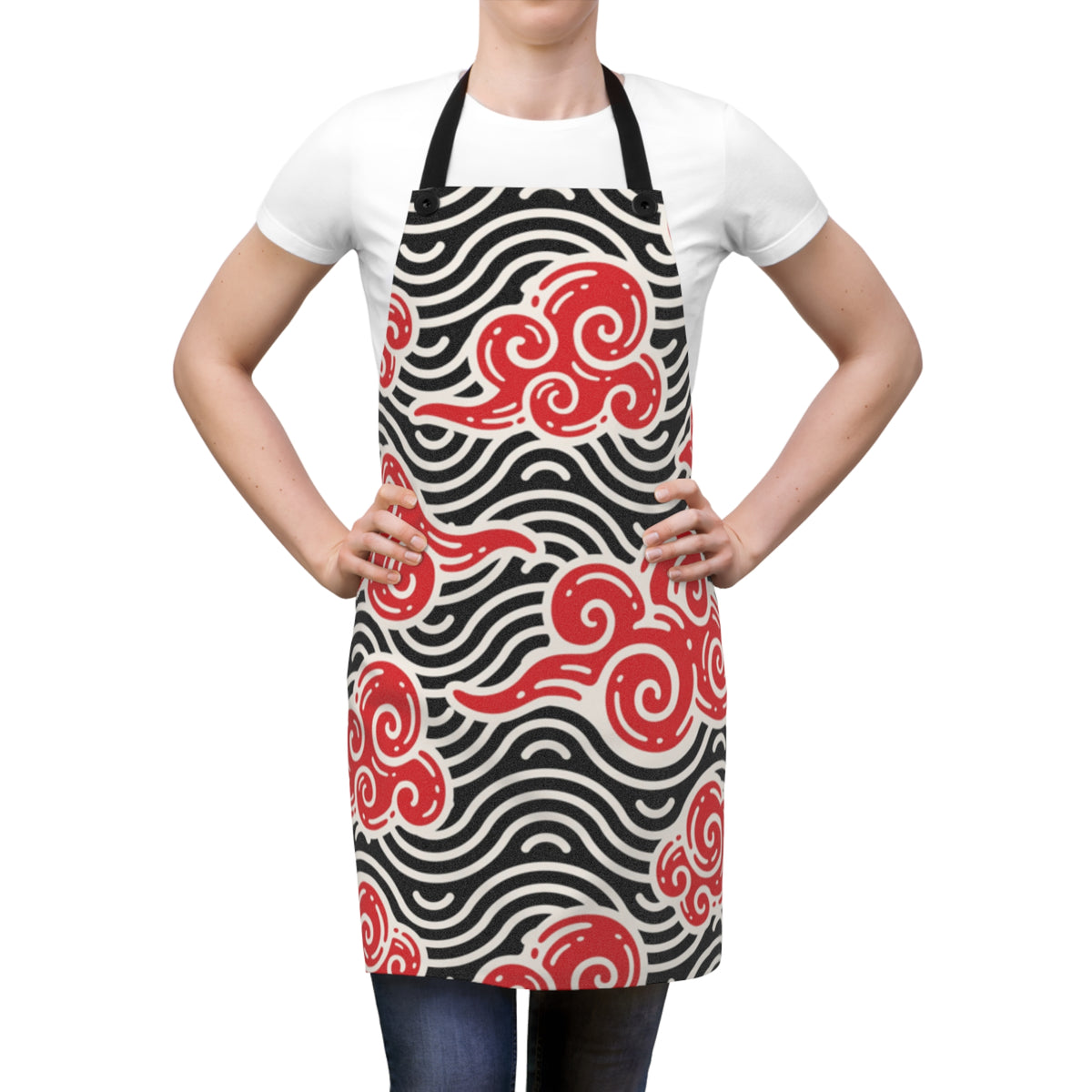Red Swirl Cloud Pattern Apron — Japanese Wave Kitchen Apron Printify