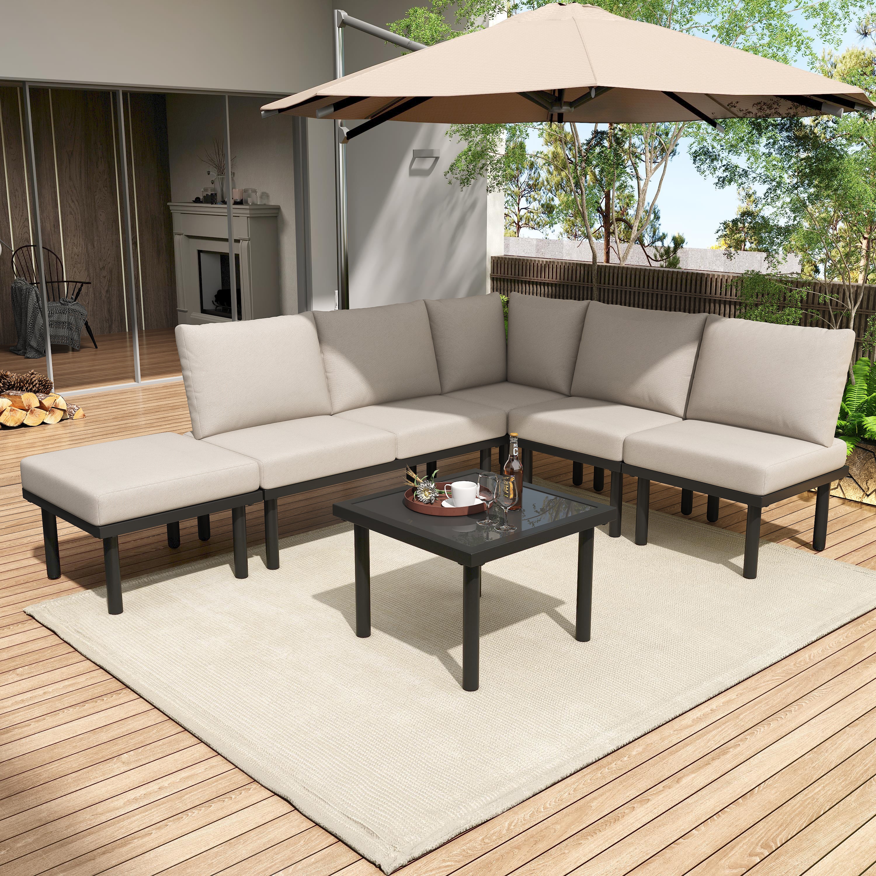 Garden Lounge Set With Galvanized Iron Frame, Set Of 6, Rope Garden Furniture Set, Grey Rope, Adjustable Feet, Smooth Glass Table Top, Including All Seat And Back Cushions, Beige