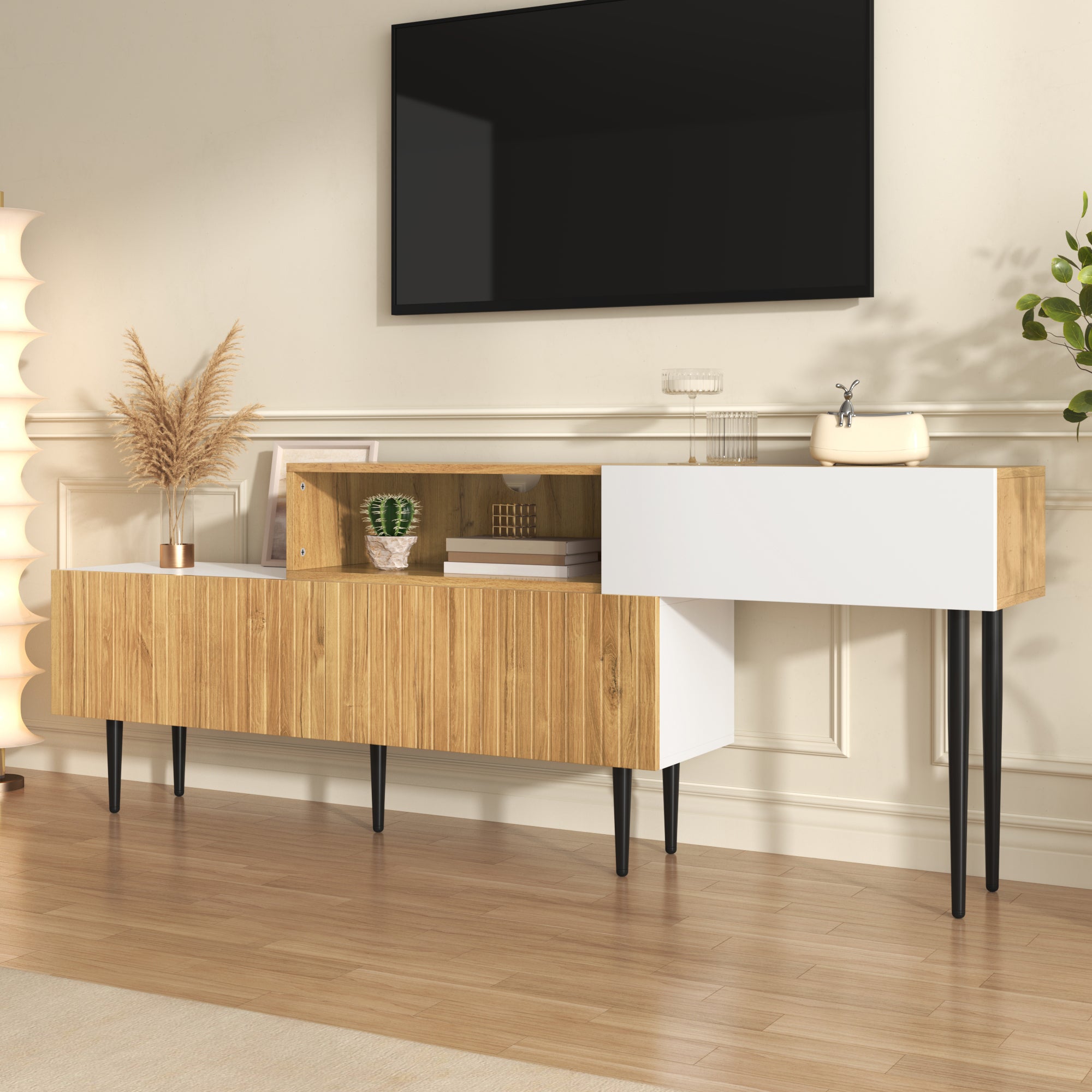 Modern TV Cabinet With Adjustable Length, Modular 2-Part Design, Wood Look  Matte White, Black Metal Legs, Multifunctional Living Room Furniture