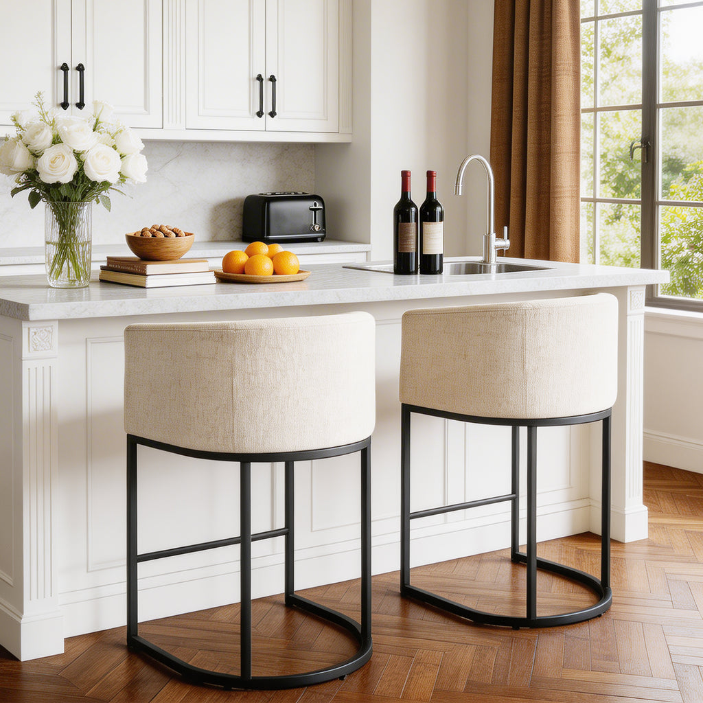 Bucket-shaped Bar Chairs, Medium-height Bar Chairs With Linen-covered Seats, Island Chairs, Bar Chairs With Metal Sliding Base And Footstools