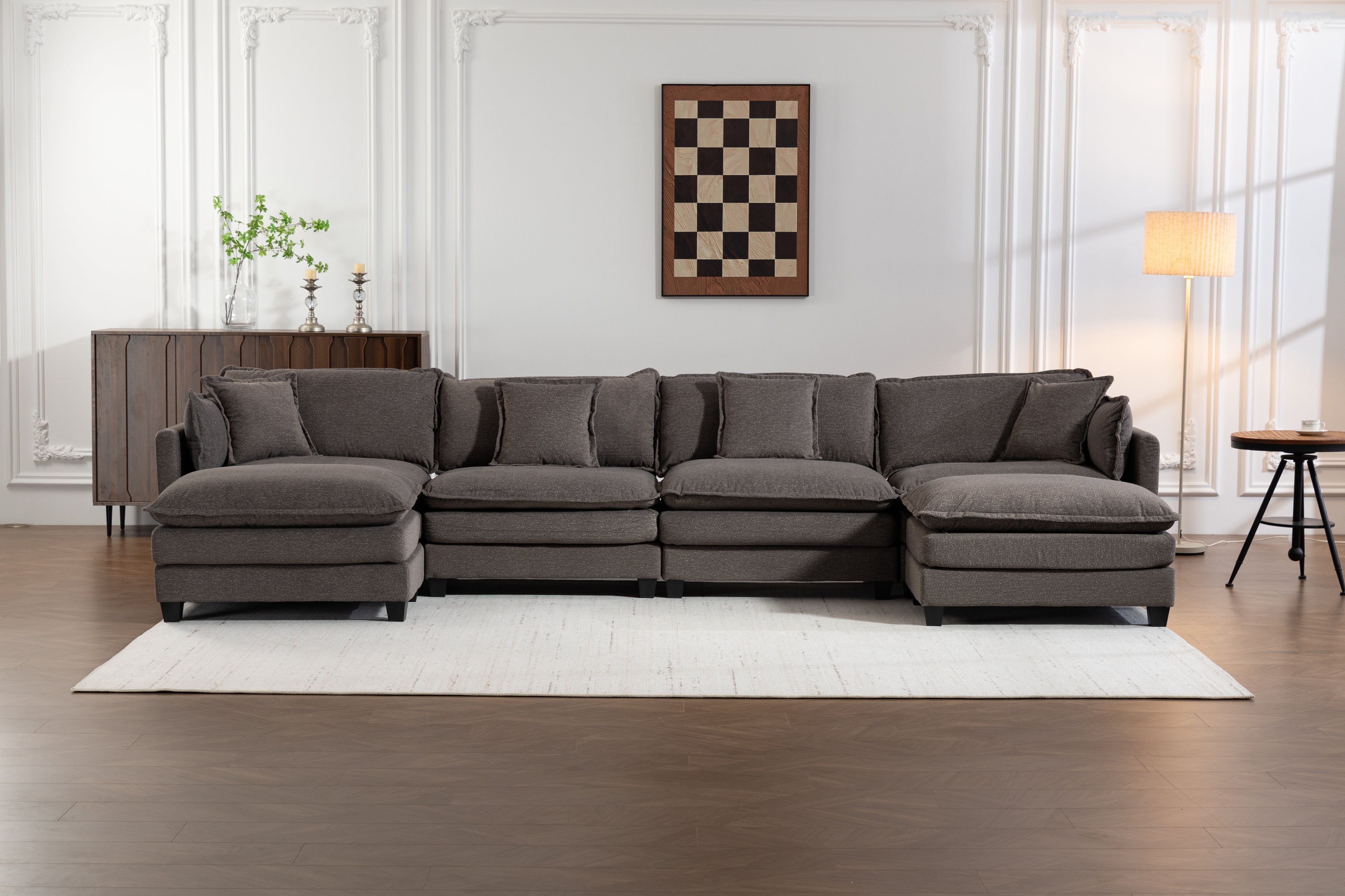 Modern 4seats With 2ottoman 149.61 Sectional Sofa With Waist Pillows,4 Seat Upholstered Symmetrical Sofa Furniture,Sleeper Sofa Couch With Chaise Lounge For Living Room,Apartment,3Color
