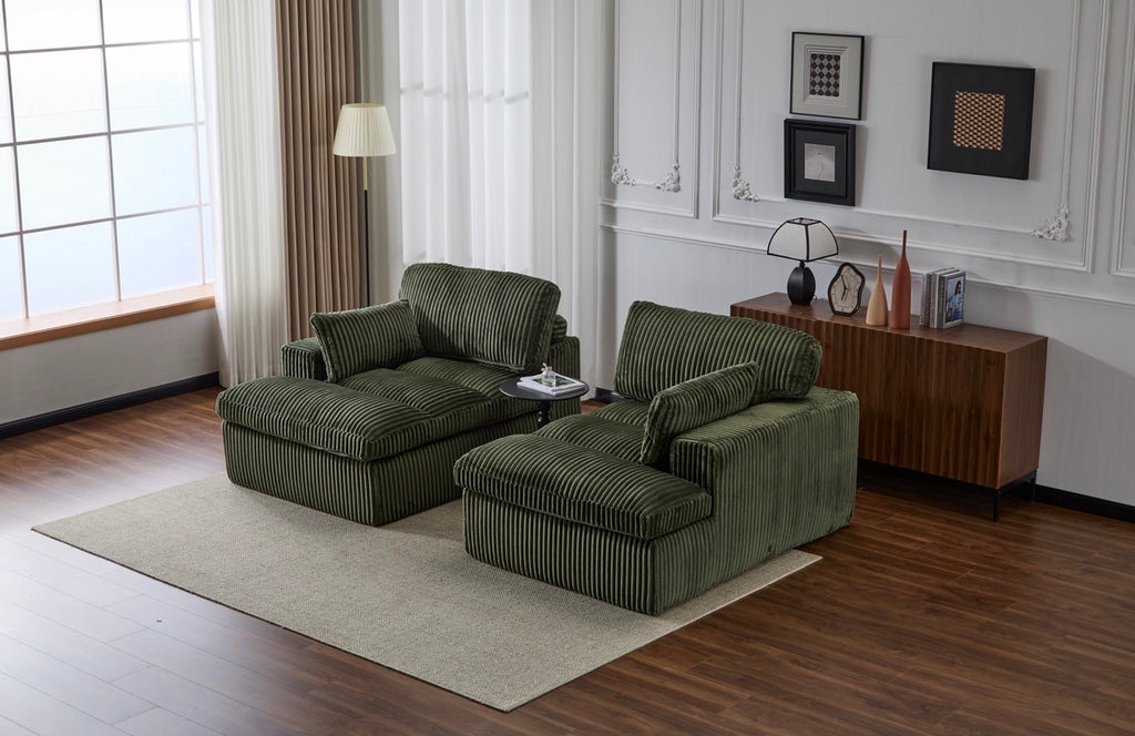 Double Chaise Lounge Chair Indoor,Oversized Upholstered Sleeper Cloud Couch,Deep Seat Luxury Sofa Bed,Sectional Sofa Chaise Love-seat,Corduroy Reading Chair For Living Room,No Assembly Required,Green