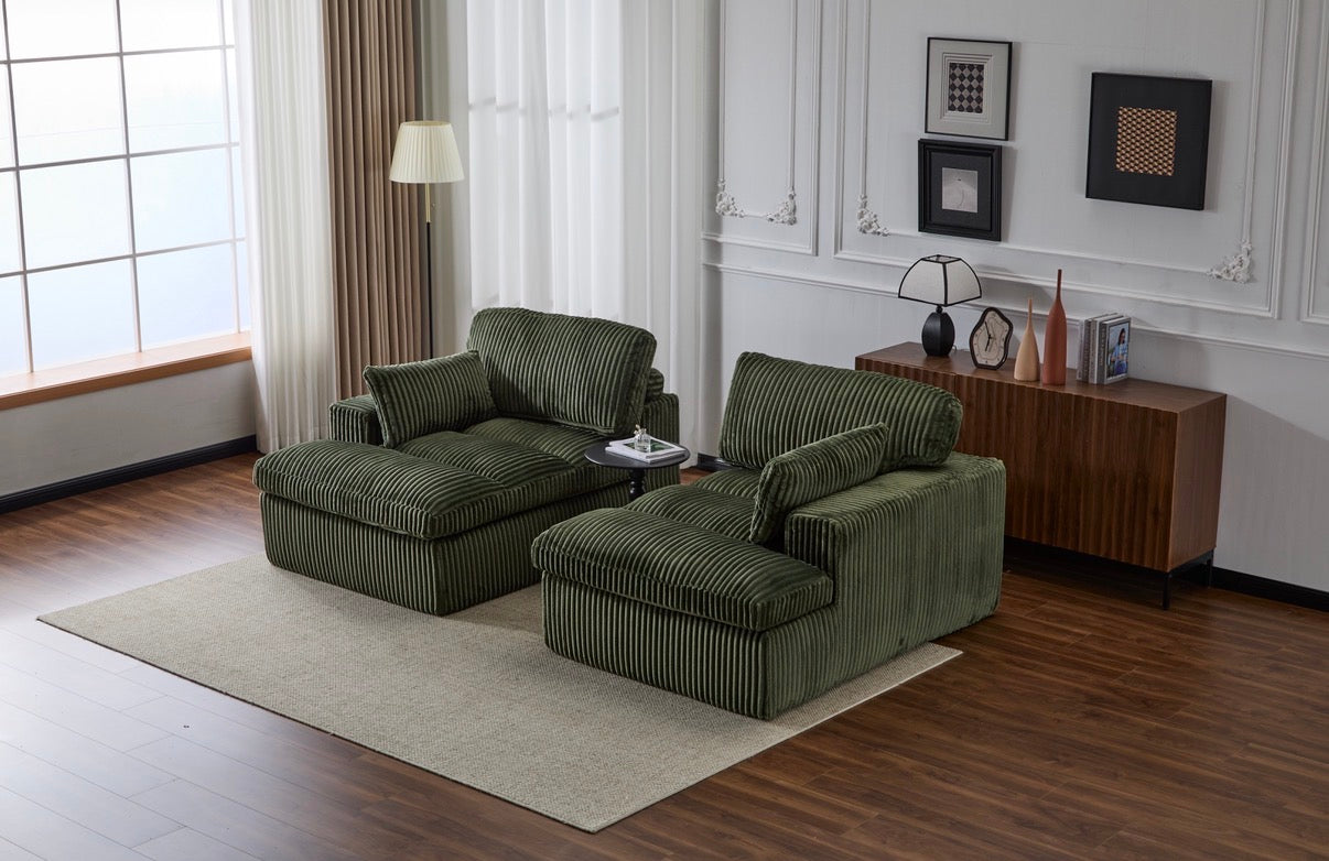 Double Chaise Lounge Chair Indoor,Oversized Upholstered Sleeper Cloud Couch,Deep Seat Luxury Sofa Bed,Sectional Sofa Chaise Love-seat,Corduroy Reading Chair For Living Room,No Assembly Required,Green
