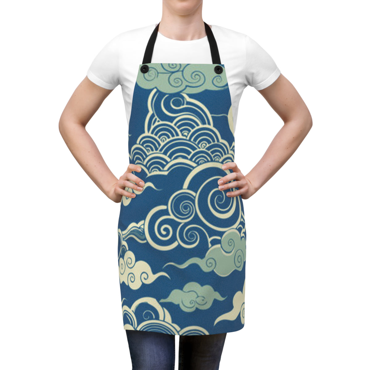 Blue Cloud Swirl Apron — Japanese Wave Pattern Kitchen Apron