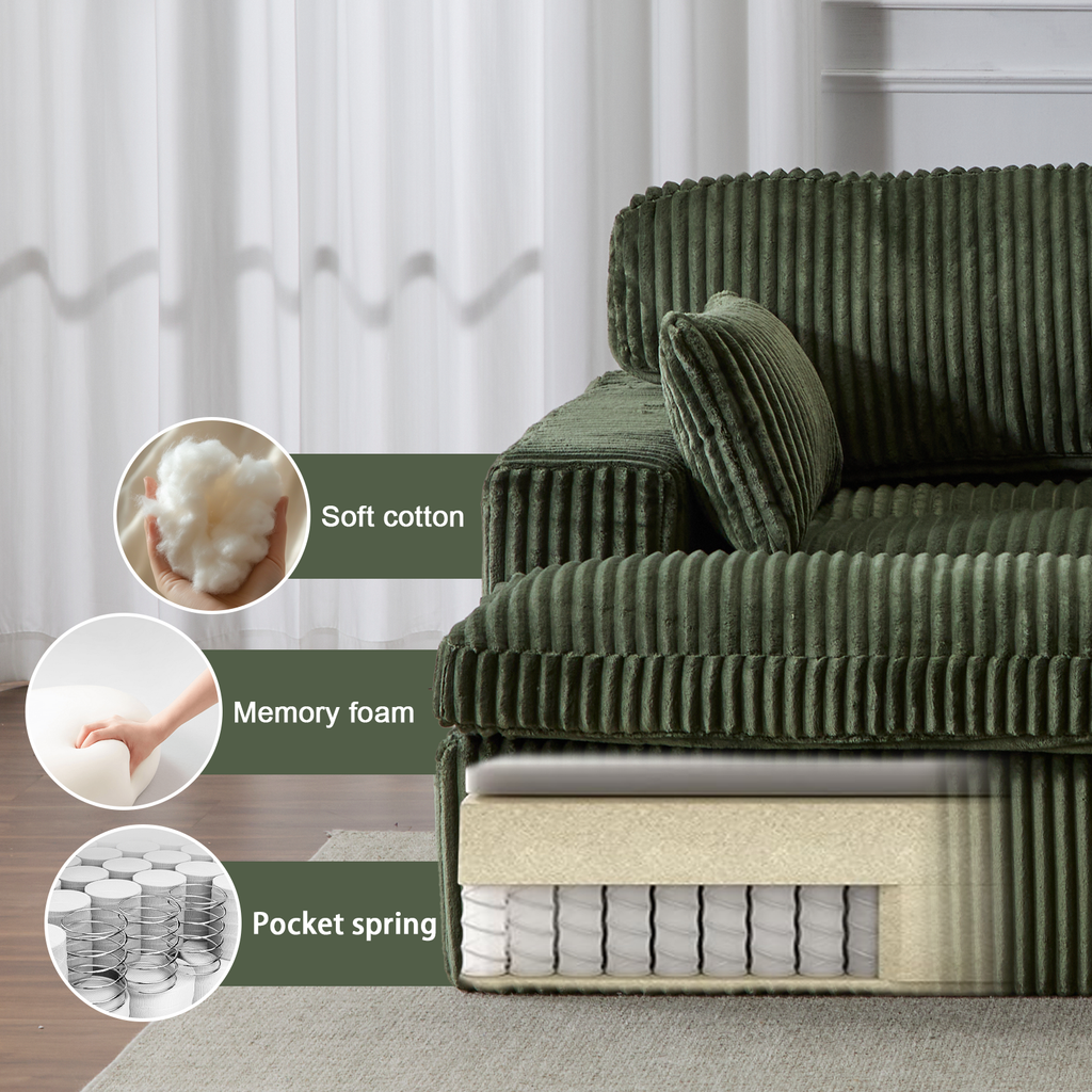 Double Chaise Lounge Chair Indoor,Oversized Upholstered Sleeper Cloud Couch,Deep Seat Luxury Sofa Bed,Sectional Sofa Chaise Love-seat,Corduroy Reading Chair For Living Room,No Assembly Required,Green
