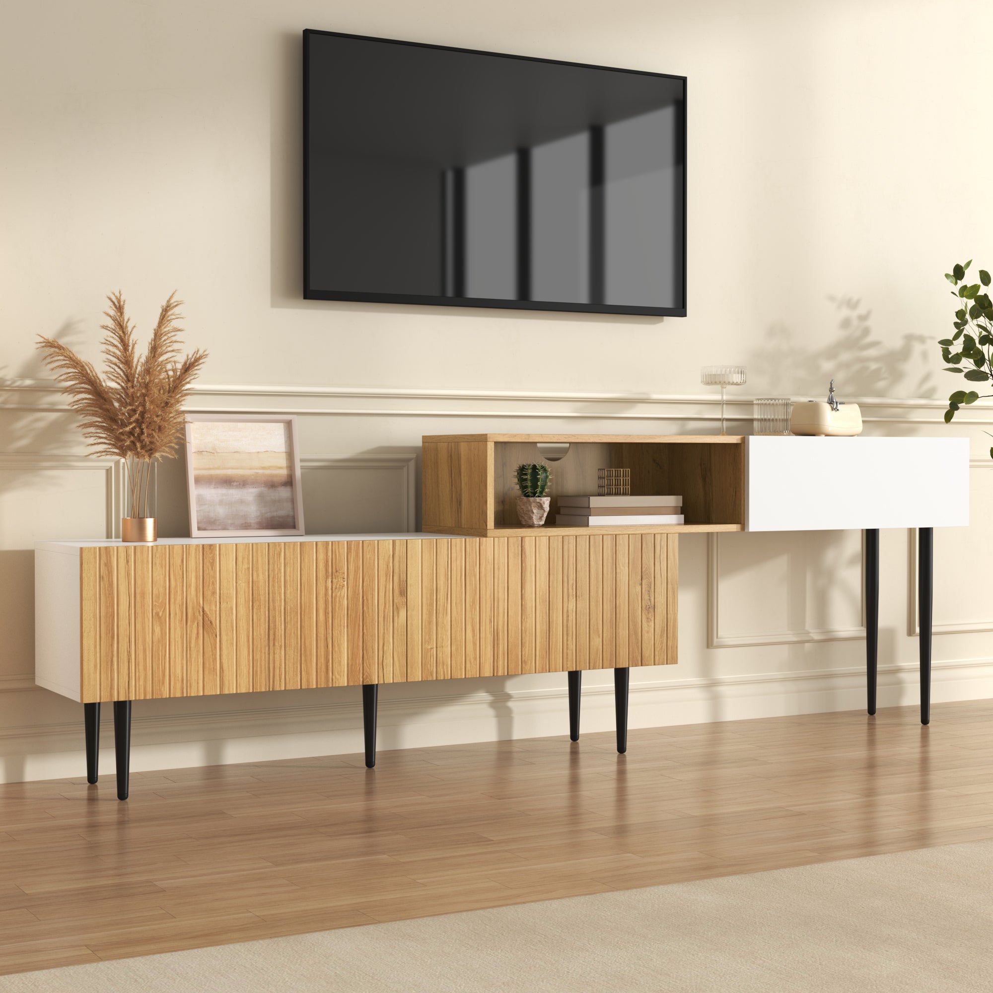 Modern TV Cabinet With Adjustable Length, Modular 2-Part Design, Wood Look  Matte White, Black Metal Legs, Multifunctional Living Room Furniture