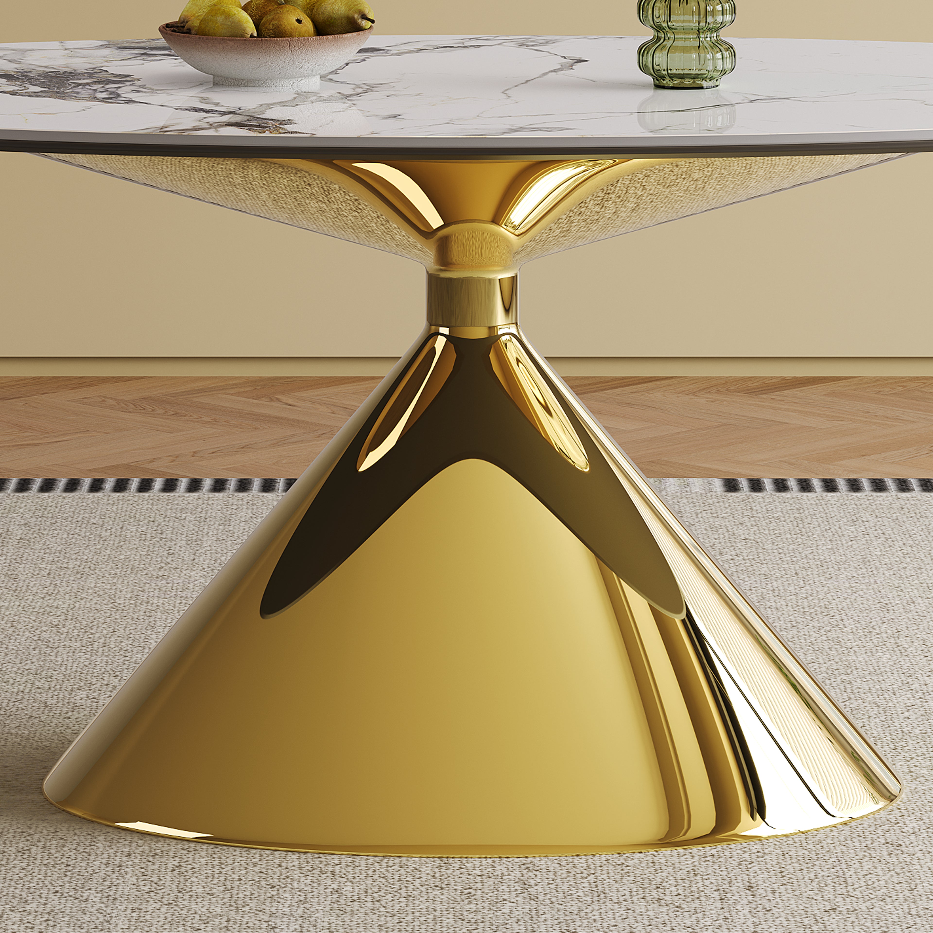 71 Modern Luxury Marble Dining Table Set For 4-6 People - Oval Kitchen Table With Gold Stainless Steel Base  - Elegant Contemporary Dining Room Furniture-Only Table