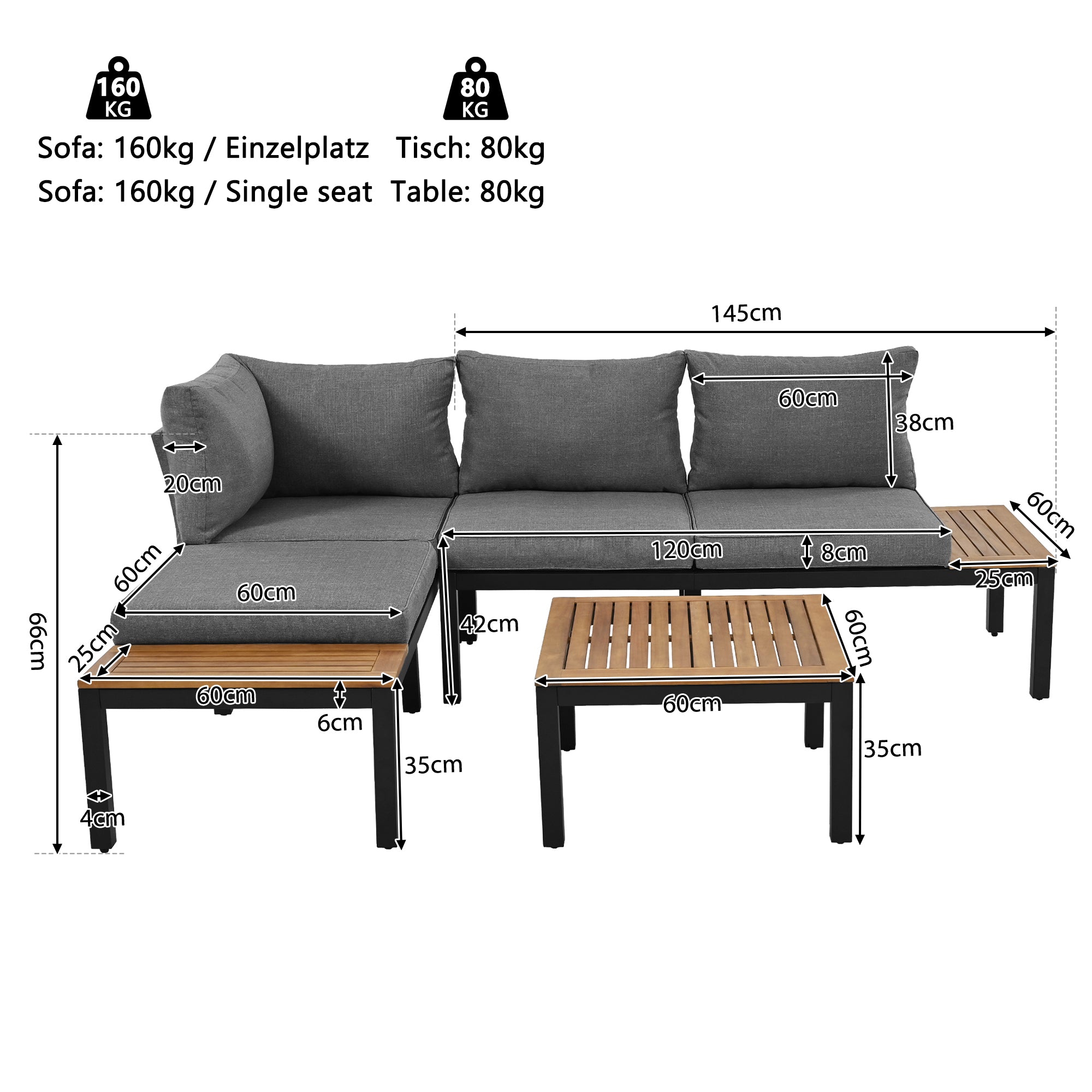 Outdoor Patio&Backyard Furniture Garden Lounge Set For 4 People, Space Saving Thick Quality L-Shaped Corner Sofa With Wooden Table, Grey