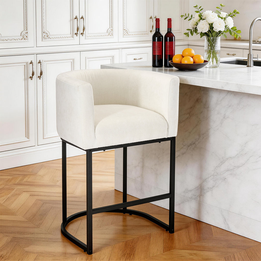 Bucket-shaped Bar Chairs, Medium-height Bar Chairs With Linen-covered Seats, Island Chairs, Bar Chairs With Metal Sliding Base And Footstools