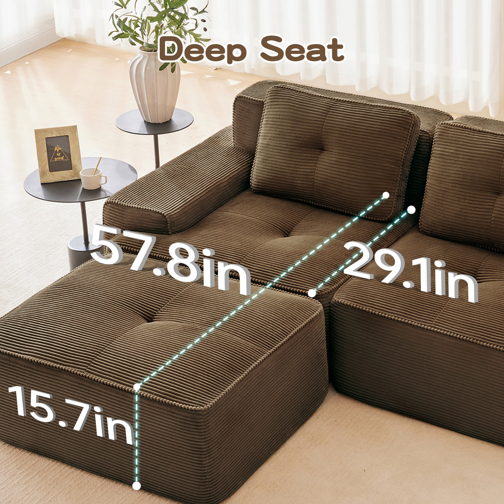 153 Modern Modular Sectional Sofa For Living Room, Corduroy Fabric,4-Seater Couch With Deep Seat, Pearl-like Piping, Tufted Design, Buckle Connection, No Assembly, Anti-slip Design, Brown