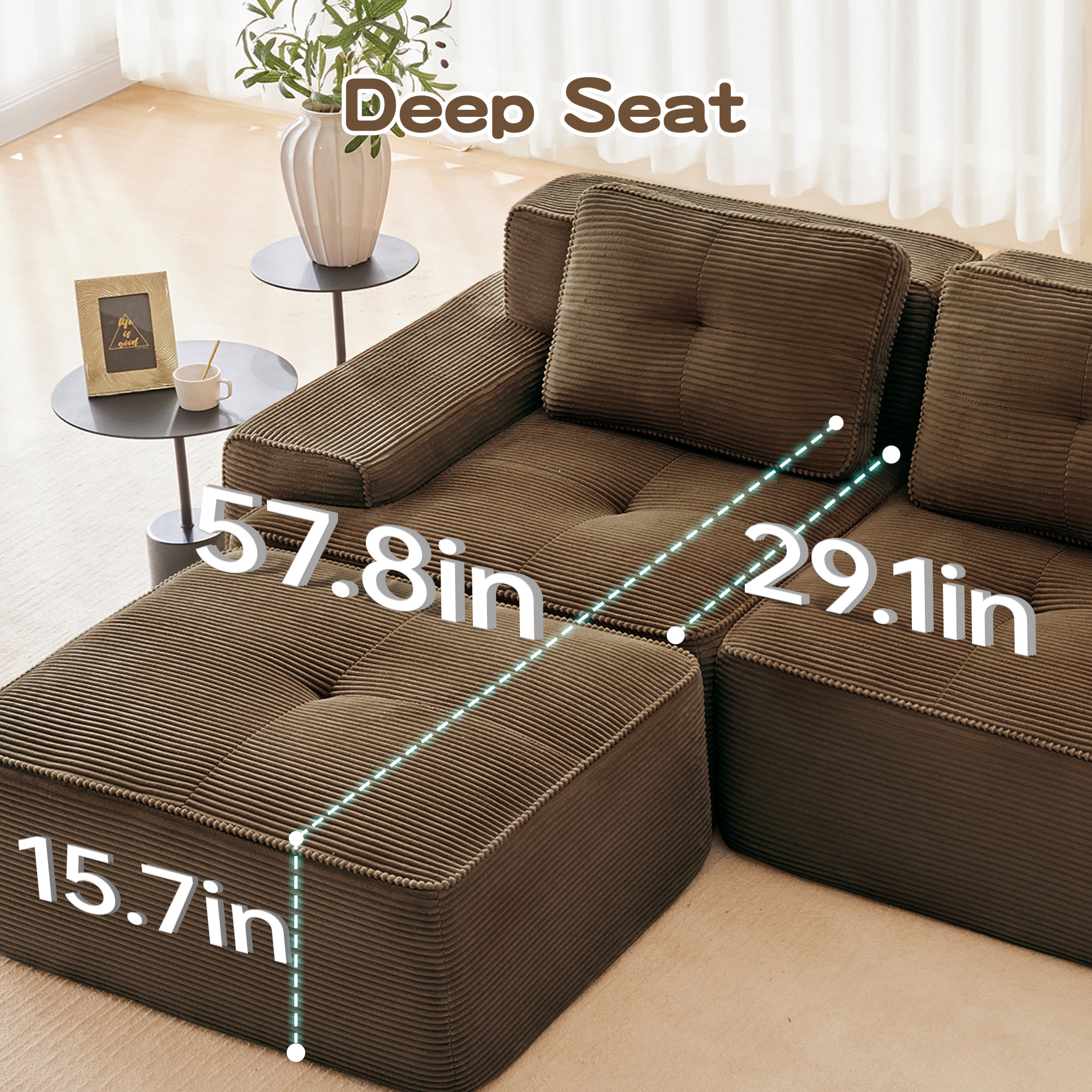 153 Modern Modular Sectional Sofa For Living Room, Corduroy Fabric,4-Seater Couch With Deep Seat, Pearl-like Piping, Tufted Design, Buckle Connection, No Assembly, Anti-slip Design, Brown