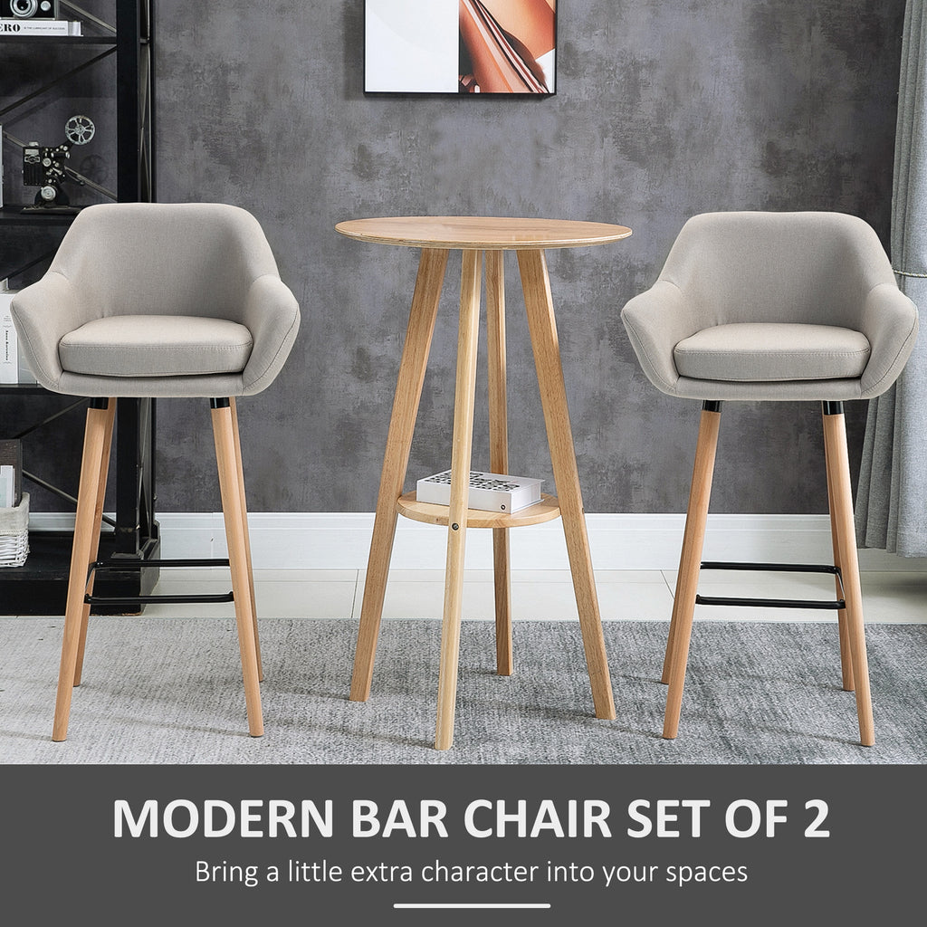 Set Of 2 Bar Stools Modern Upholstered Seat Bar Chairs W/ Metal Frame, Solid Wood Legs Living Room Dining Room Fabric Furniture - Beige
