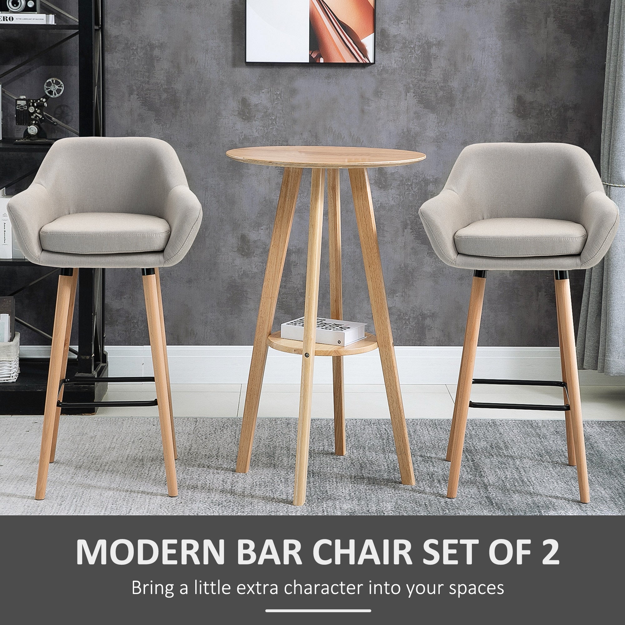 Set Of 2 Bar Stools Modern Upholstered Seat Bar Chairs W/ Metal Frame, Solid Wood Legs Living Room Dining Room Fabric Furniture - Beige