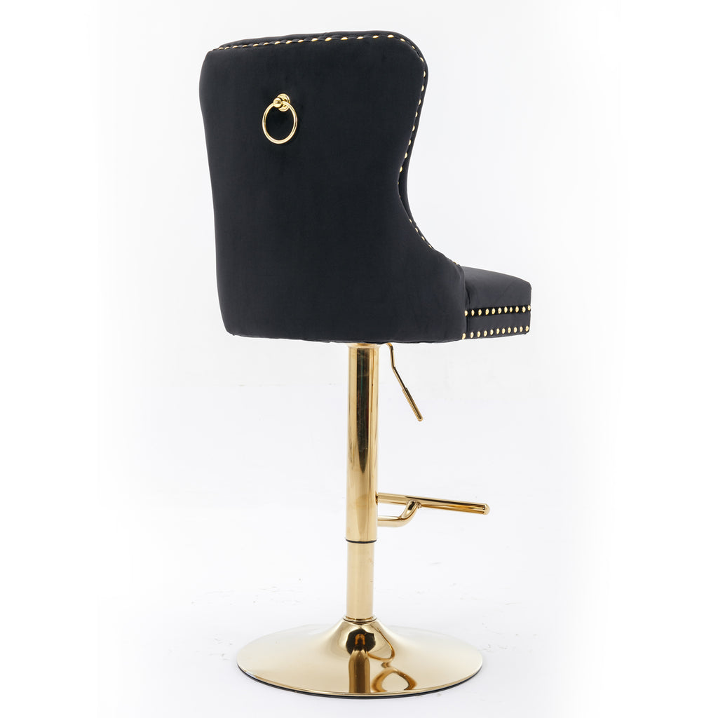 A&A Furniture,Thick Golden Swivel Velvet Barstools Adjusatble Seat Height From 27-35 Inch, Modern Upholstered Bar Stools With Backs Comfortable Tufted For Home Pub And Kitchen Island  Black,Set Of 2