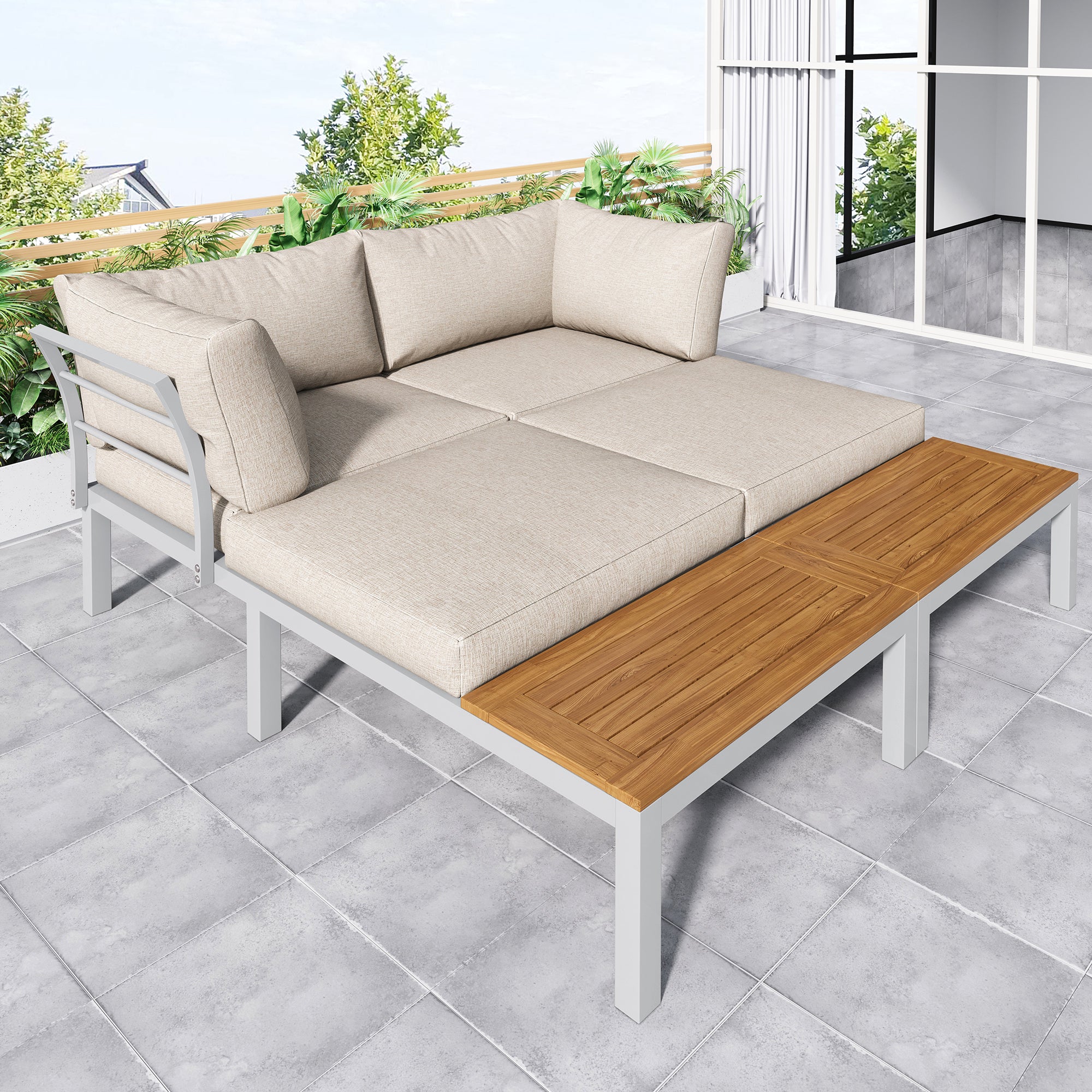Outdoor Patio&Backyard Furniture Garden Lounge Set For 4 People, Space Saving Thick Quality L-Shaped Corner Sofa With Wooden Table, Beige