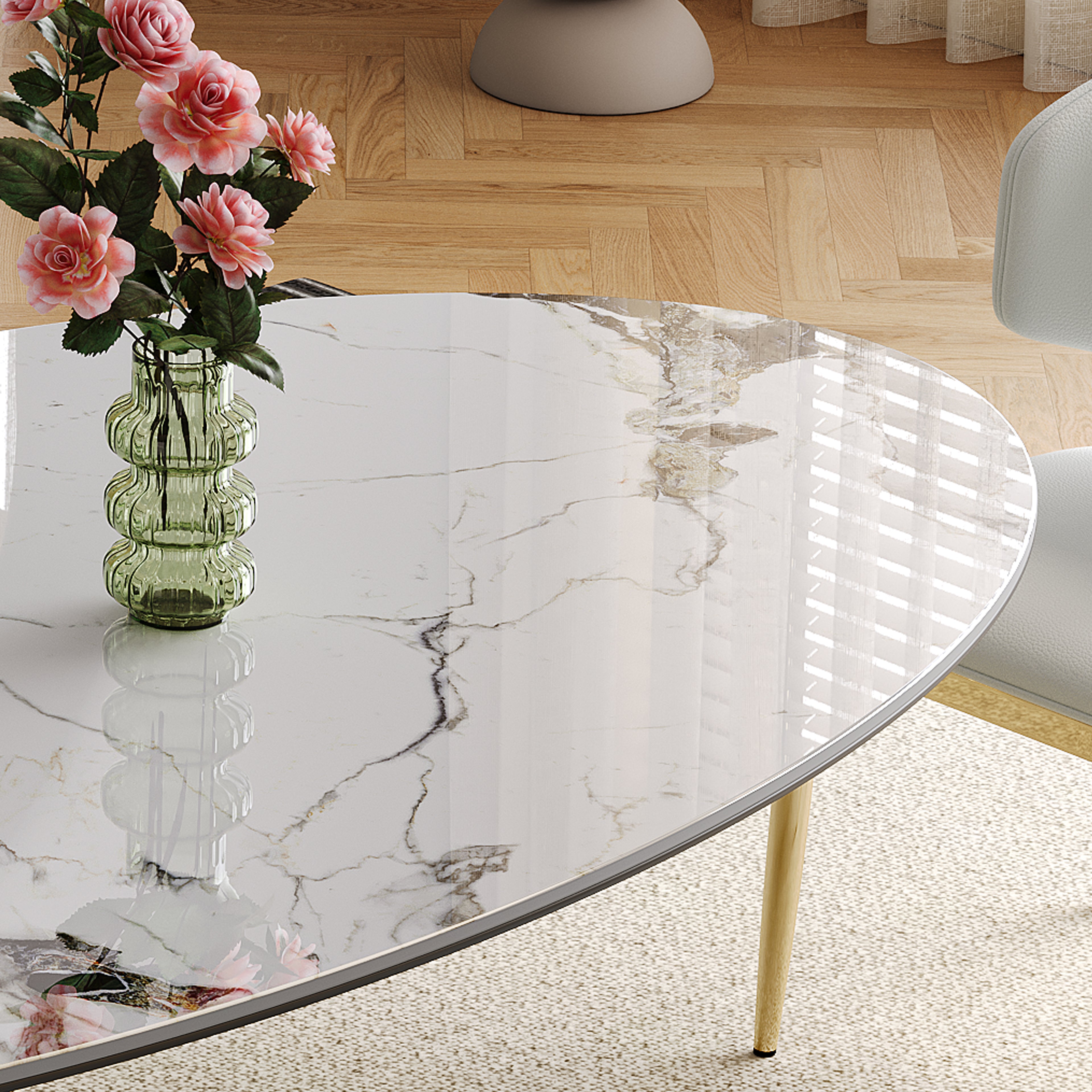 71 Modern Luxury Marble Dining Table Set For 4-6 People - Oval Kitchen Table With Gold Stainless Steel Base  - Elegant Contemporary Dining Room Furniture-Only Table