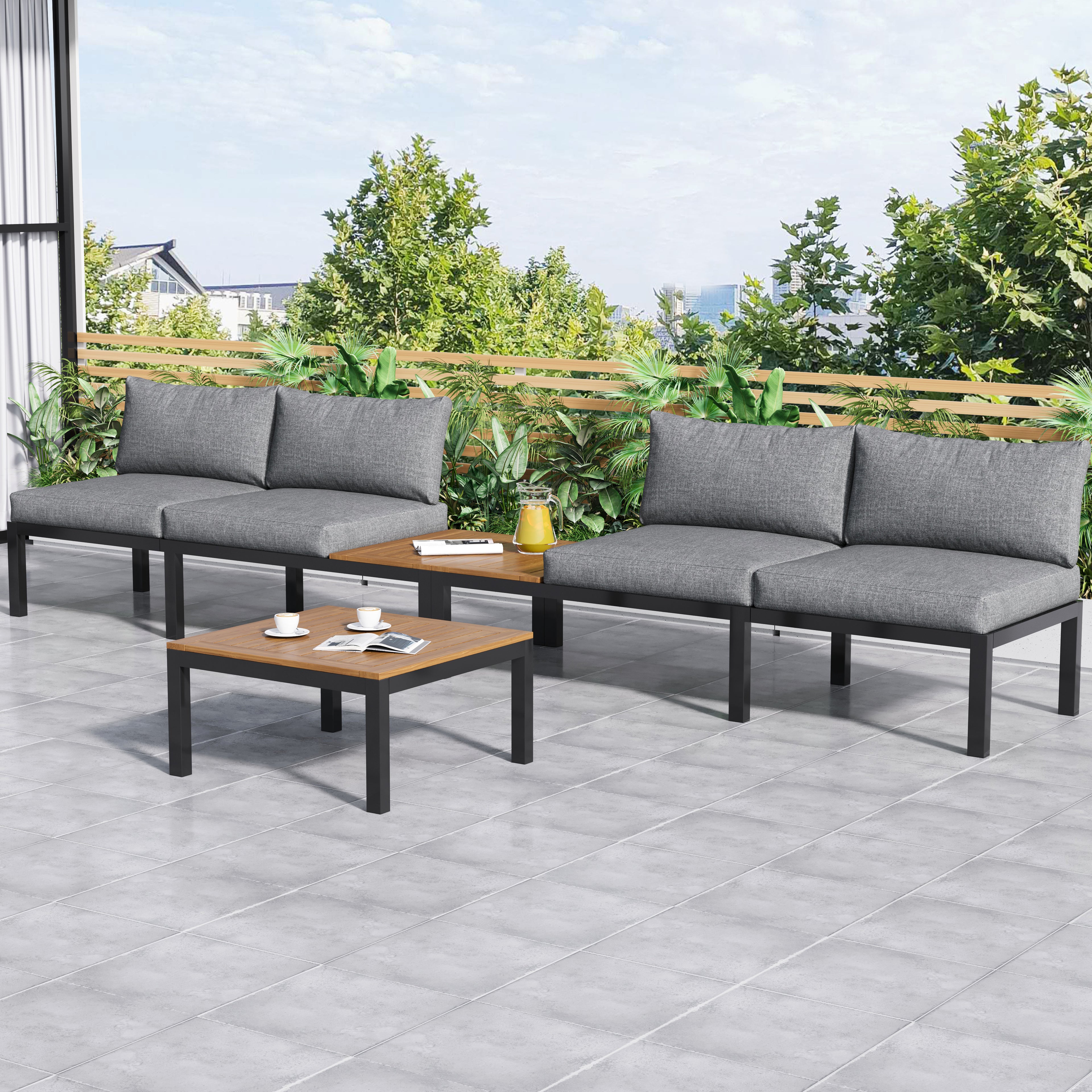 Outdoor Patio&Backyard Furniture Garden Lounge Set For 4 People, Space Saving Thick Quality L-Shaped Corner Sofa With Wooden Table, Grey