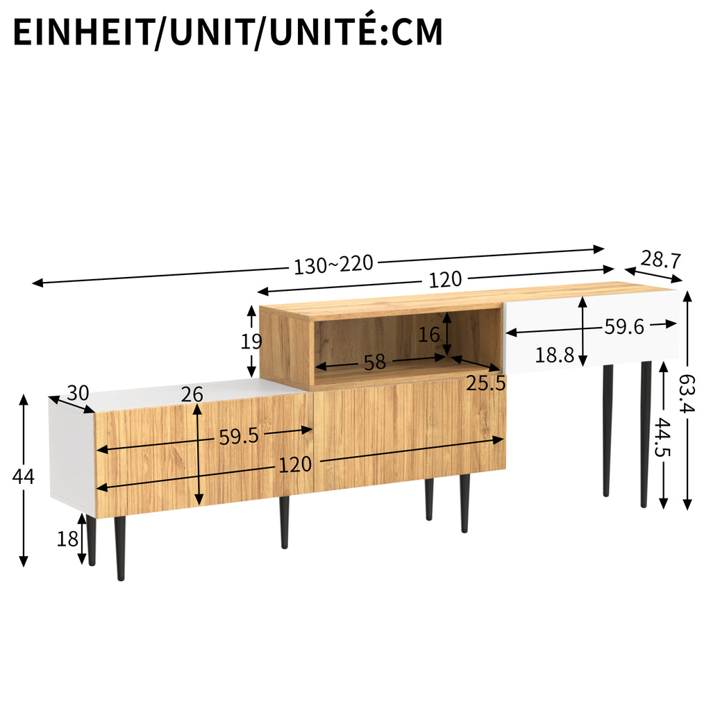 Modern TV Cabinet With Adjustable Length, Modular 2-Part Design, Wood Look  Matte White, Black Metal Legs, Multifunctional Living Room Furniture