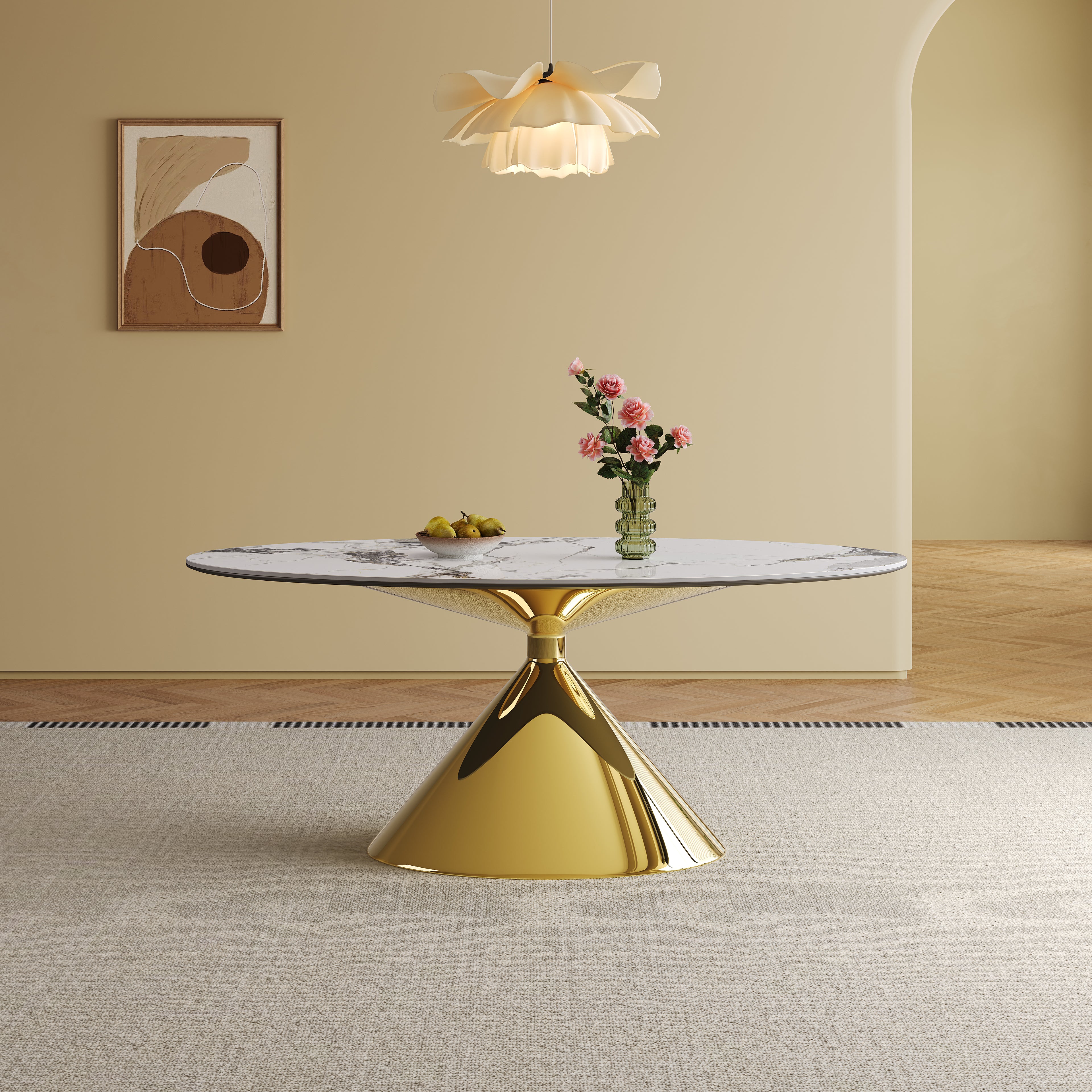 71 Modern Luxury Marble Dining Table Set For 4-6 People - Oval Kitchen Table With Gold Stainless Steel Base  - Elegant Contemporary Dining Room Furniture-Only Table