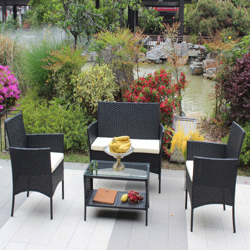 4 PC Rattan Patio Furniture Set Outdoor Patio Cushioned Seat Wicker Sofa Beige Cushion