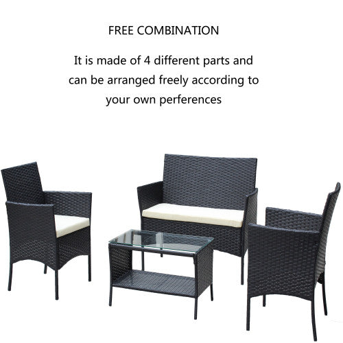4 PC Rattan Patio Furniture Set Outdoor Patio Cushioned Seat Wicker Sofa Beige Cushion