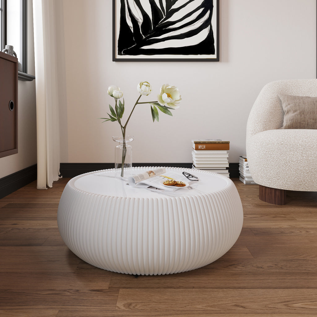 Light Sintered Stone Top Drum Shape Leather Coffee Modern Sofa Table For Living Room Furniture  Each Tabletop Has A Unique Grey Pattern