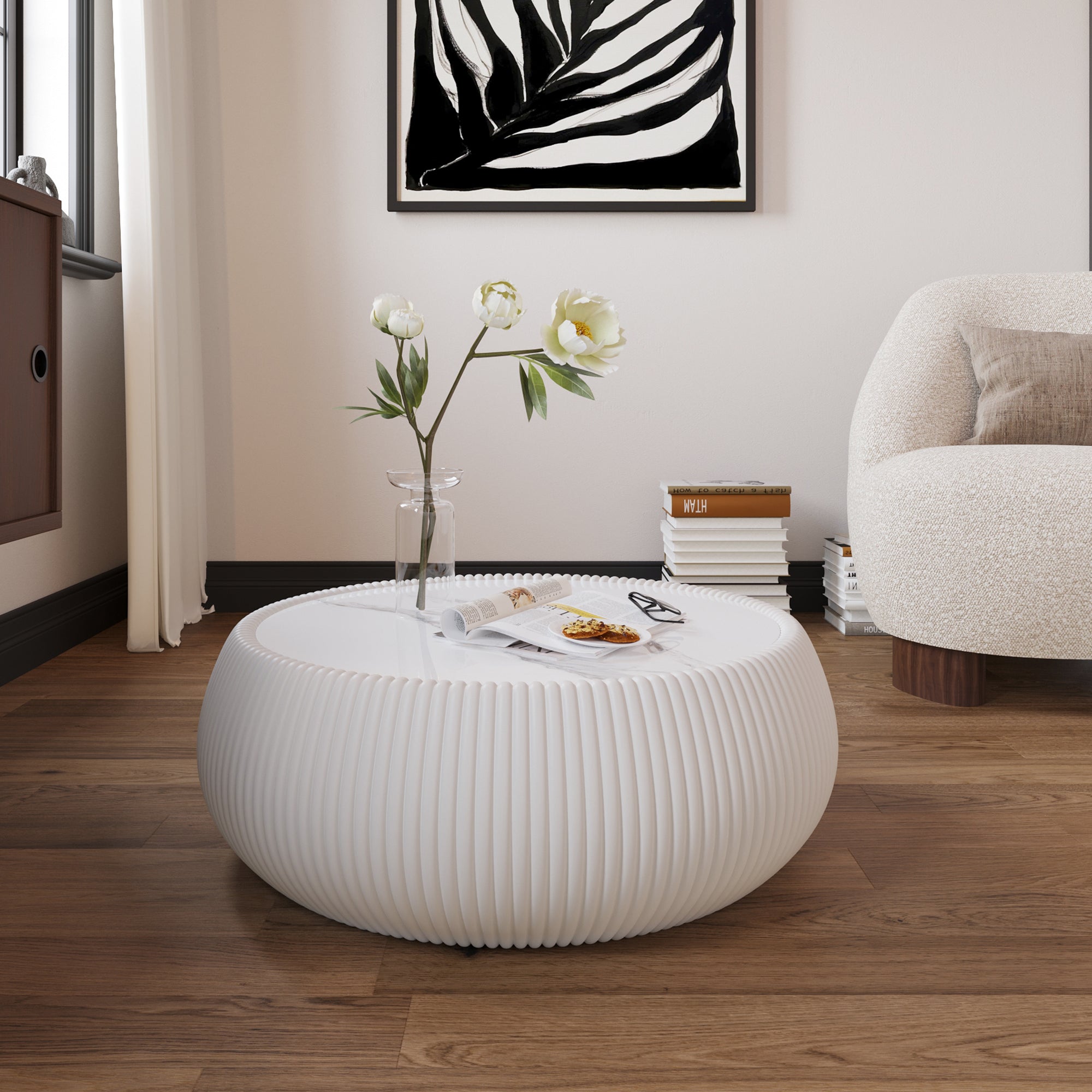Light Sintered Stone Top Drum Shape Leather Coffee Modern Sofa Table For Living Room Furniture  Each Tabletop Has A Unique Grey Pattern