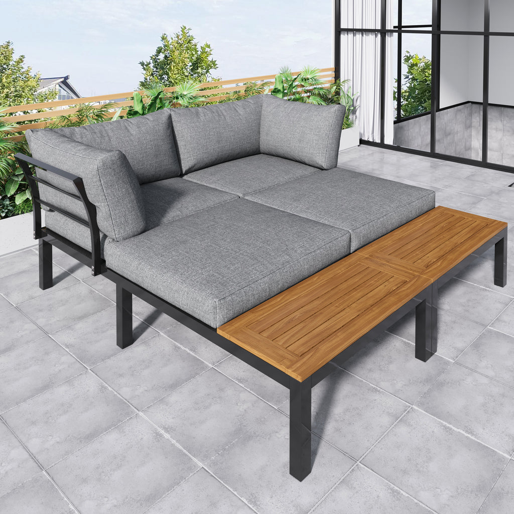 Outdoor Patio&Backyard Furniture Garden Lounge Set For 4 People, Space Saving Thick Quality L-Shaped Corner Sofa With Wooden Table, Grey