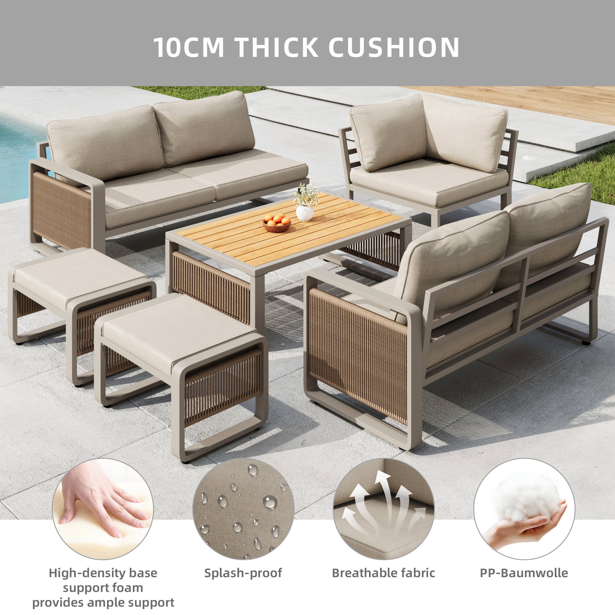 Garden Lounge Chair Set, Furniture Set For 6-7 People, Handwoven Rope Garden Sofa, Weatherproof Corner Set & Iron Lounger, Including Soft Seat And Back Cushions, Adjustable Feet, Beige