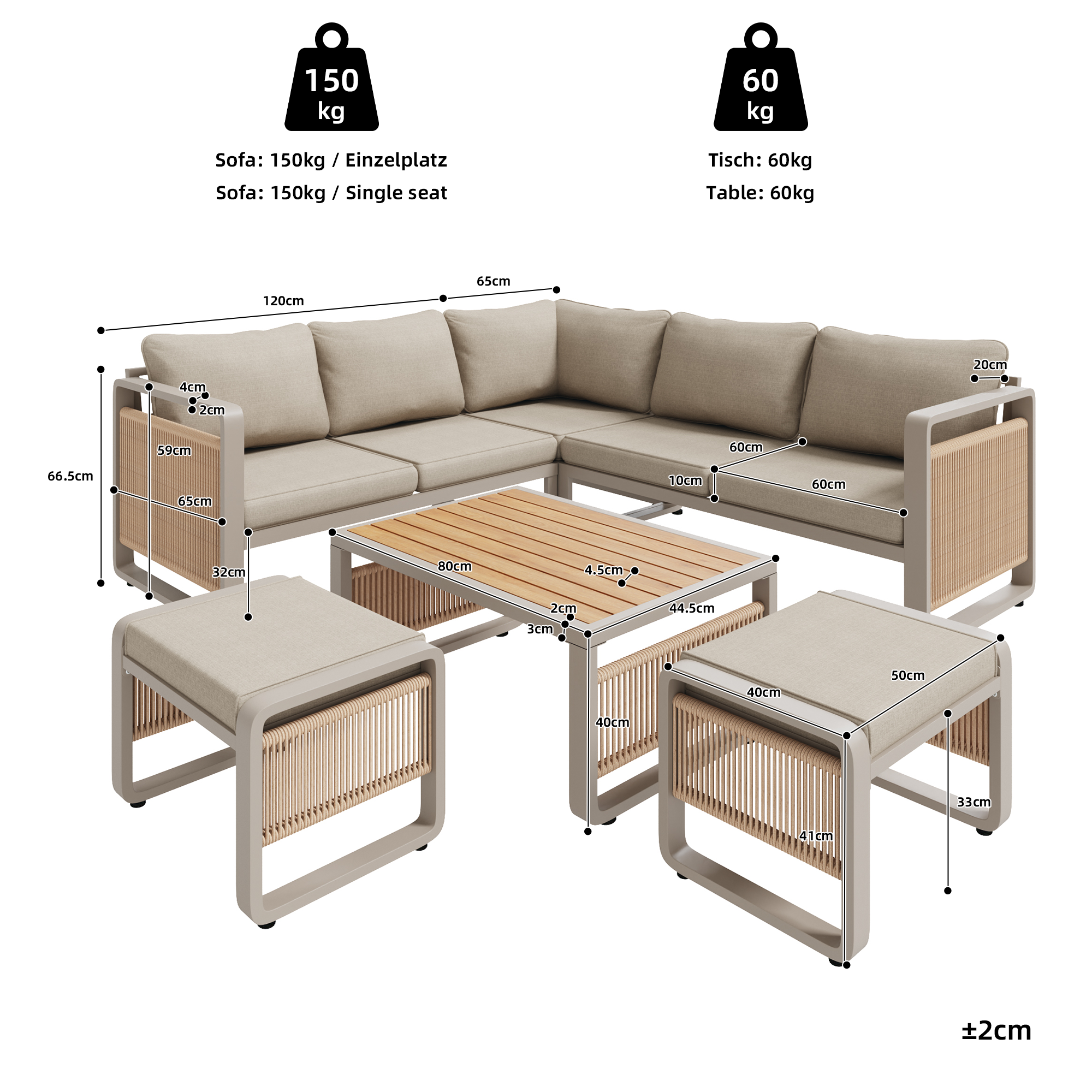 Garden Lounge Chair Set, Furniture Set For 6-7 People, Handwoven Rope Garden Sofa, Weatherproof Corner Set & Iron Lounger, Including Soft Seat And Back Cushions, Adjustable Feet, Beige