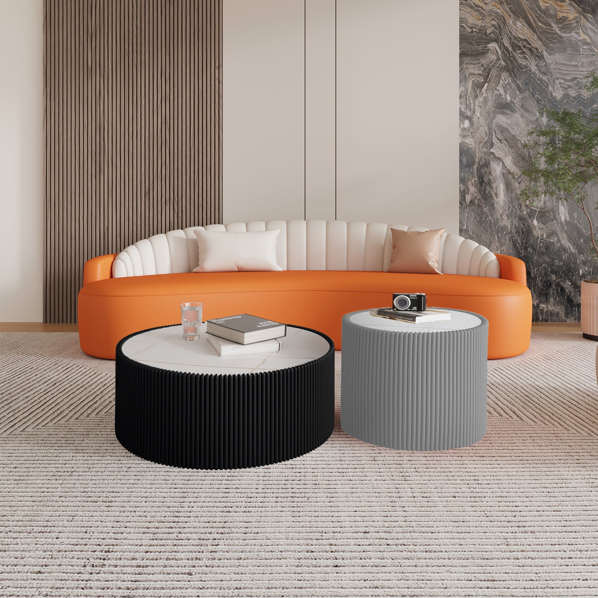 Light Sintered Stone Top Cylinder Shape Leather Coffee Modern Sofa Table For Living Room Furniture Each Tabletop Has A Unique Gold Pattern