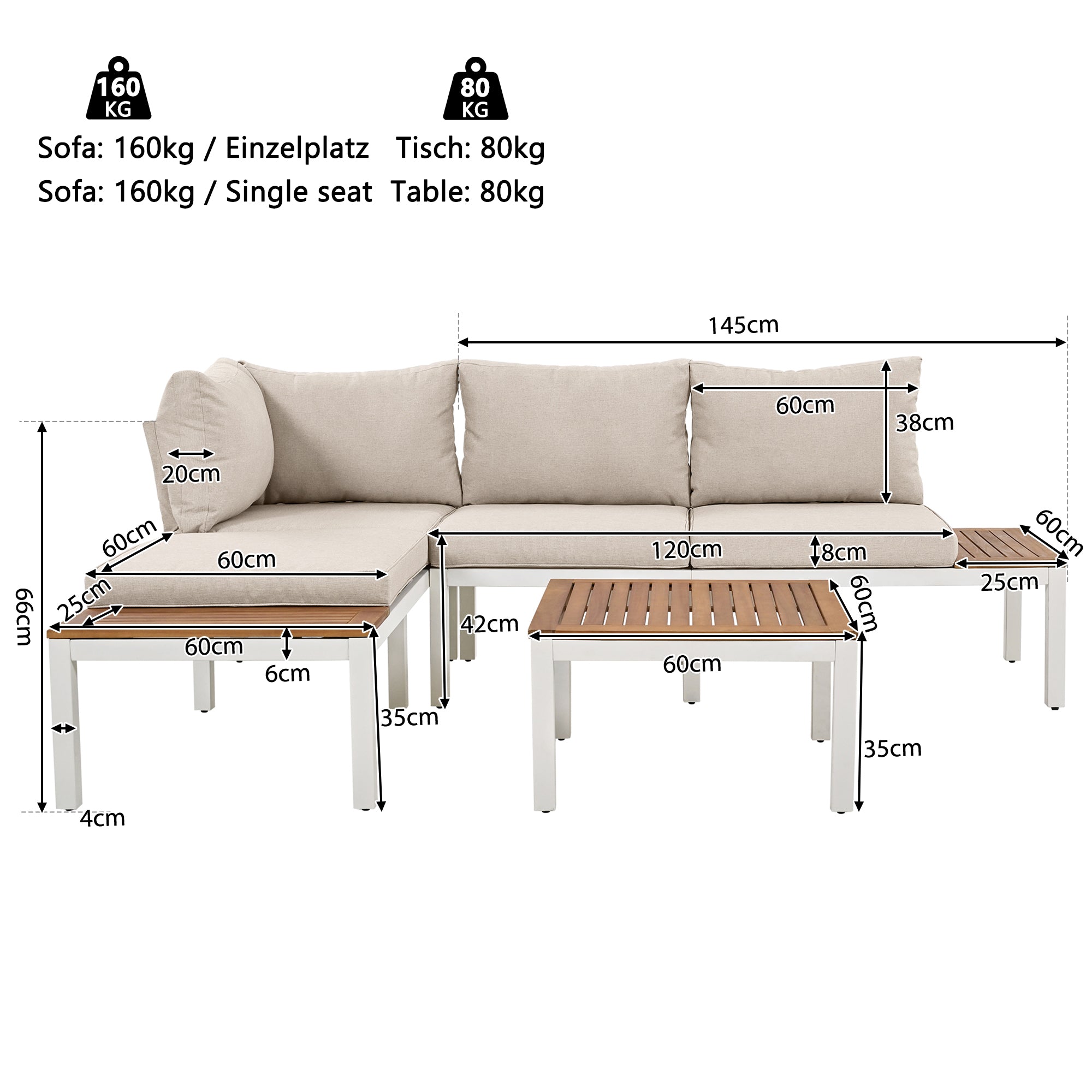 Outdoor Patio&Backyard Furniture Garden Lounge Set For 4 People, Space Saving Thick Quality L-Shaped Corner Sofa With Wooden Table, Beige
